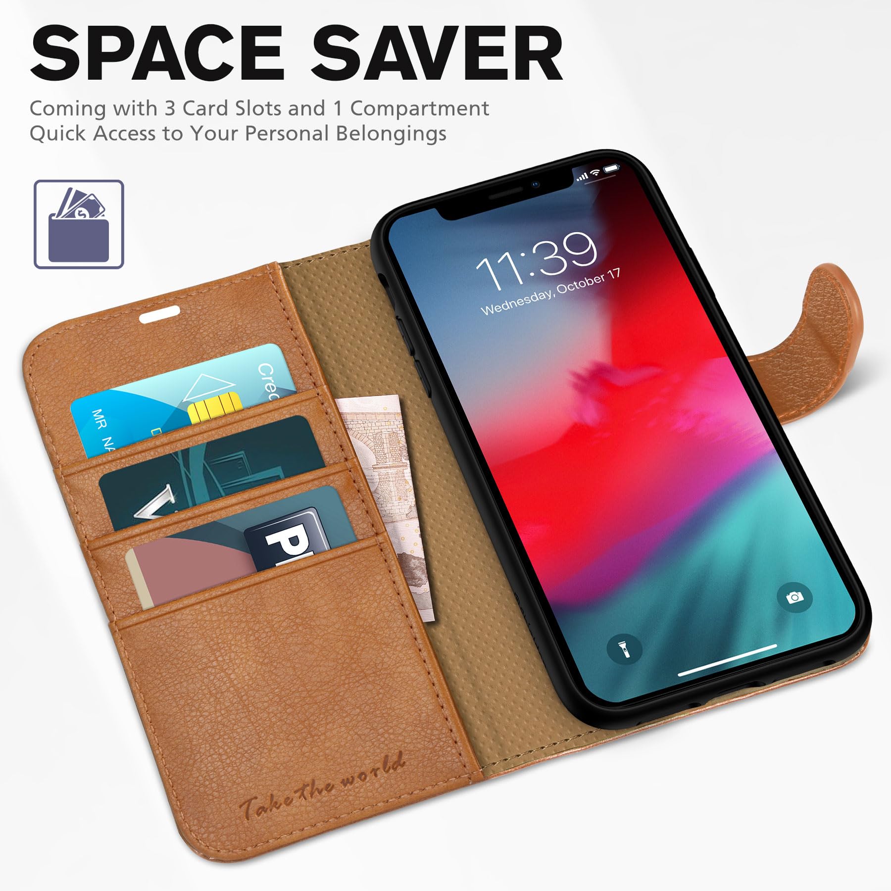 iPhone XR, Kickstand RFID Blocking Credit Card Slot PU Leather Folio Phone Cover with Wireless Charging [Shockproof TPU Shell] Compatible with iPhone XR 6.1, Black