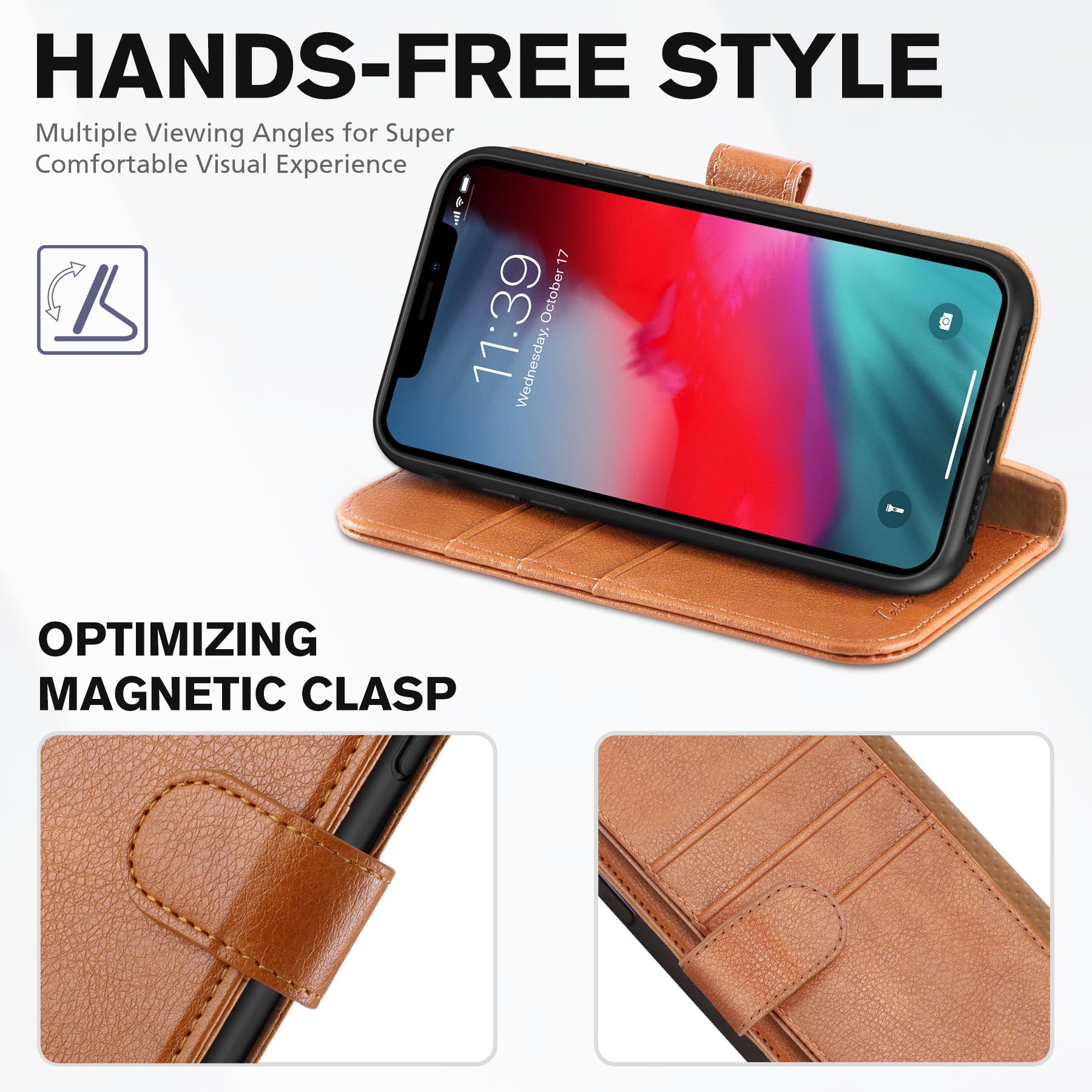 iPhone XR, Kickstand RFID Blocking Credit Card Slot PU Leather Folio Phone Cover with Wireless Charging [Shockproof TPU Shell] Compatible with iPhone XR 6.1, Black