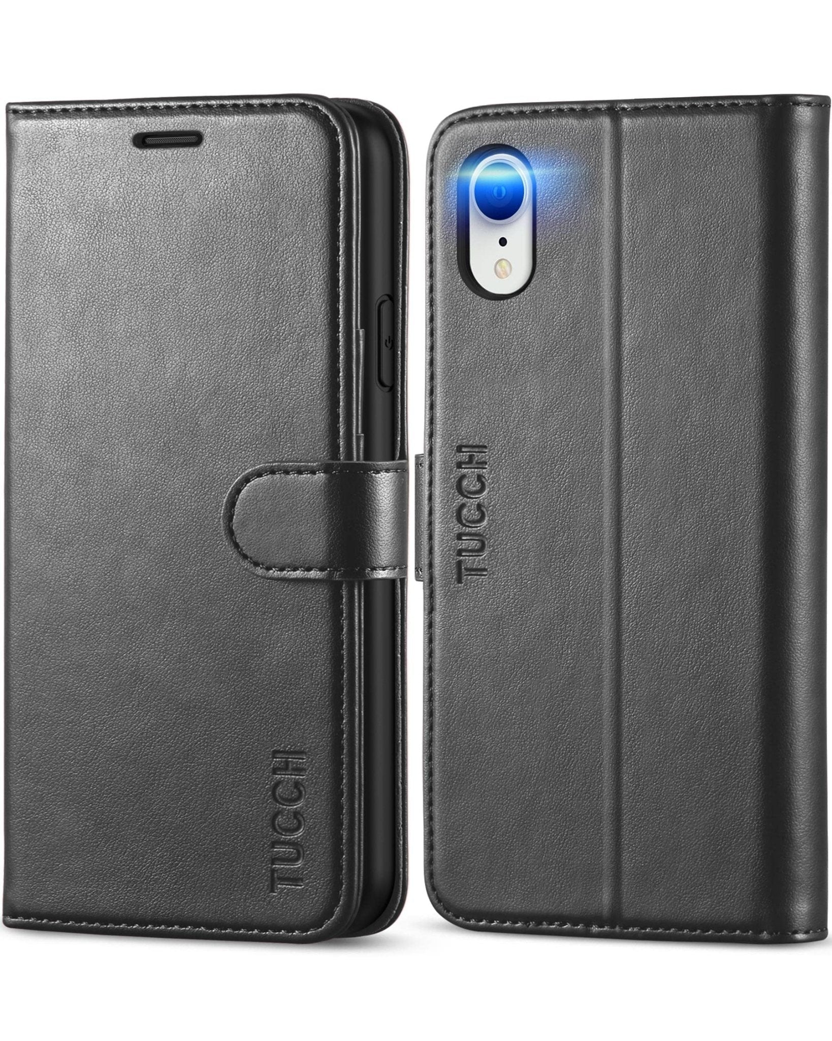 iPhone XR, Kickstand RFID Blocking Credit Card Slot PU Leather Folio Phone Cover with Wireless Charging [Shockproof TPU Shell] Compatible with iPhone XR 6.1, Black