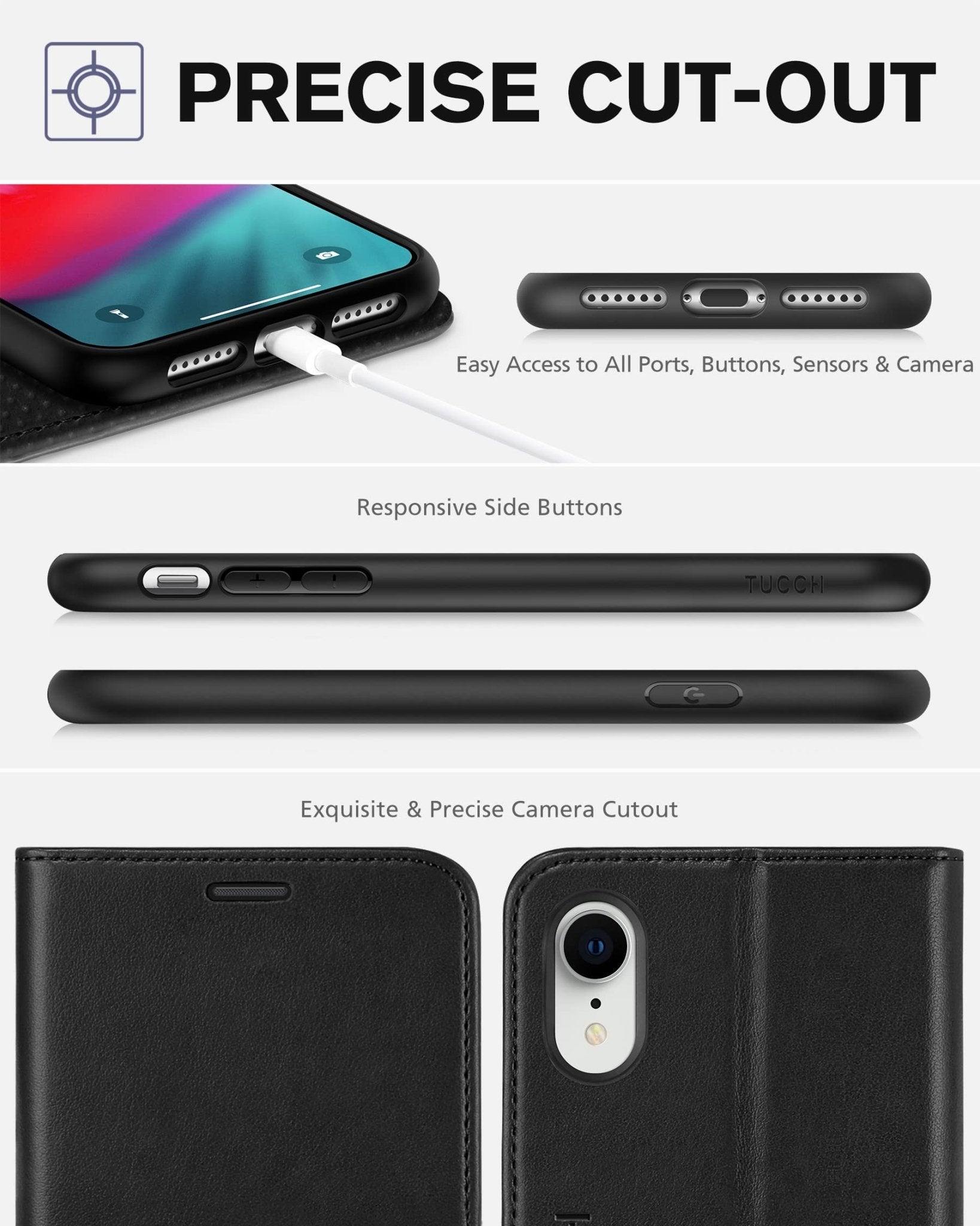 iPhone XR, Kickstand RFID Blocking Credit Card Slot PU Leather Folio Phone Cover with Wireless Charging [Shockproof TPU Shell] Compatible with iPhone XR 6.1, Black