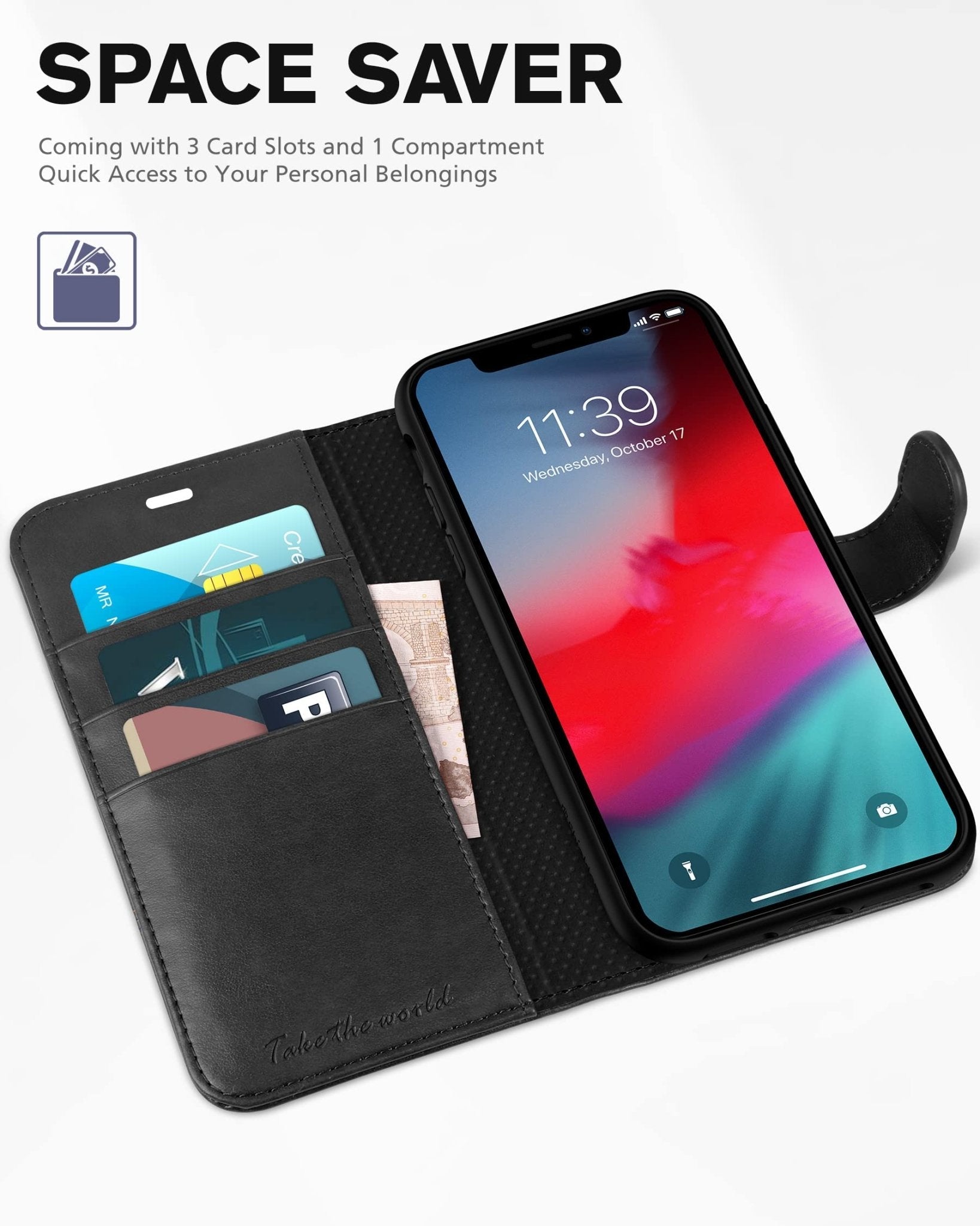 iPhone XR, Kickstand RFID Blocking Credit Card Slot PU Leather Folio Phone Cover with Wireless Charging [Shockproof TPU Shell] Compatible with iPhone XR 6.1, Black