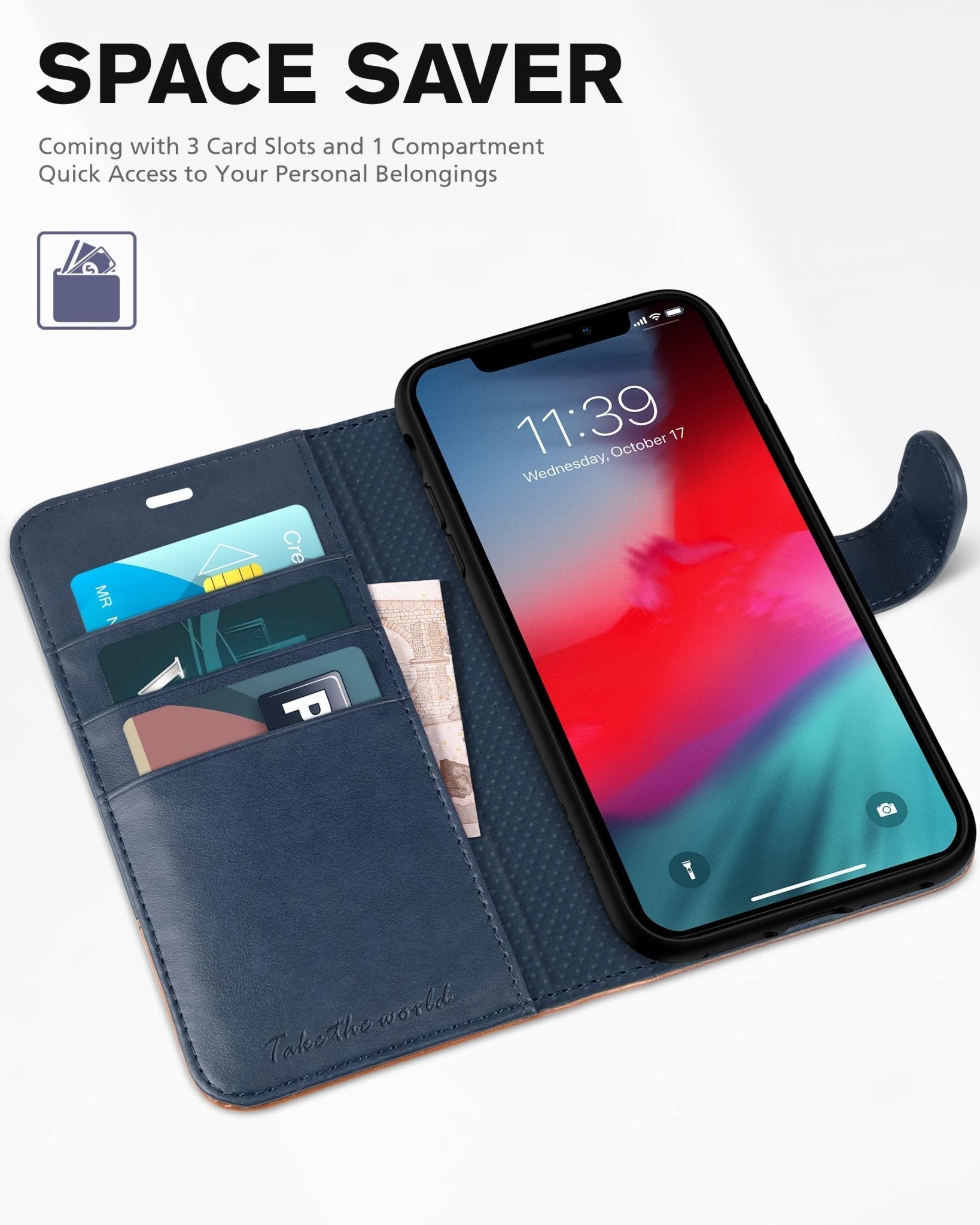 iPhone XR, Kickstand RFID Blocking Credit Card Slot PU Leather Folio Phone Cover with Wireless Charging [Shockproof TPU Shell] Compatible with iPhone XR 6.1, Black