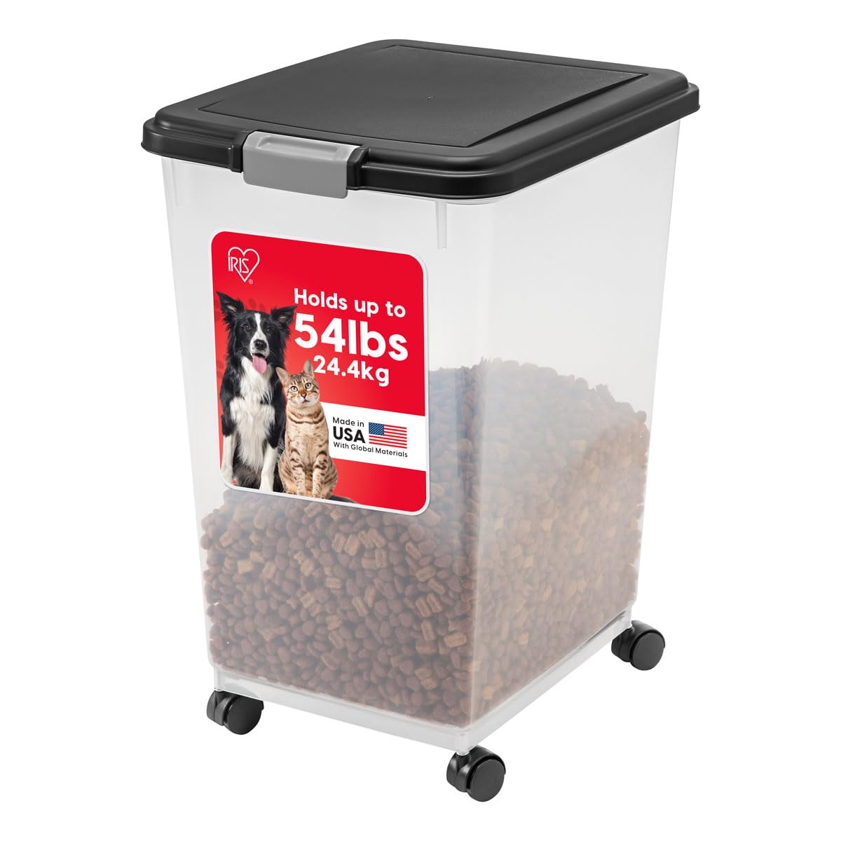 IRIS USA Airtight Pet Food Storage Container with Wheels, Black, 30 lb Capacity - BPA-Free Clear Plastic Bin with Snap-Lid Seal to Keep Kibble, Pellets or Seeds Fresh for Dogs, Cats and Birds