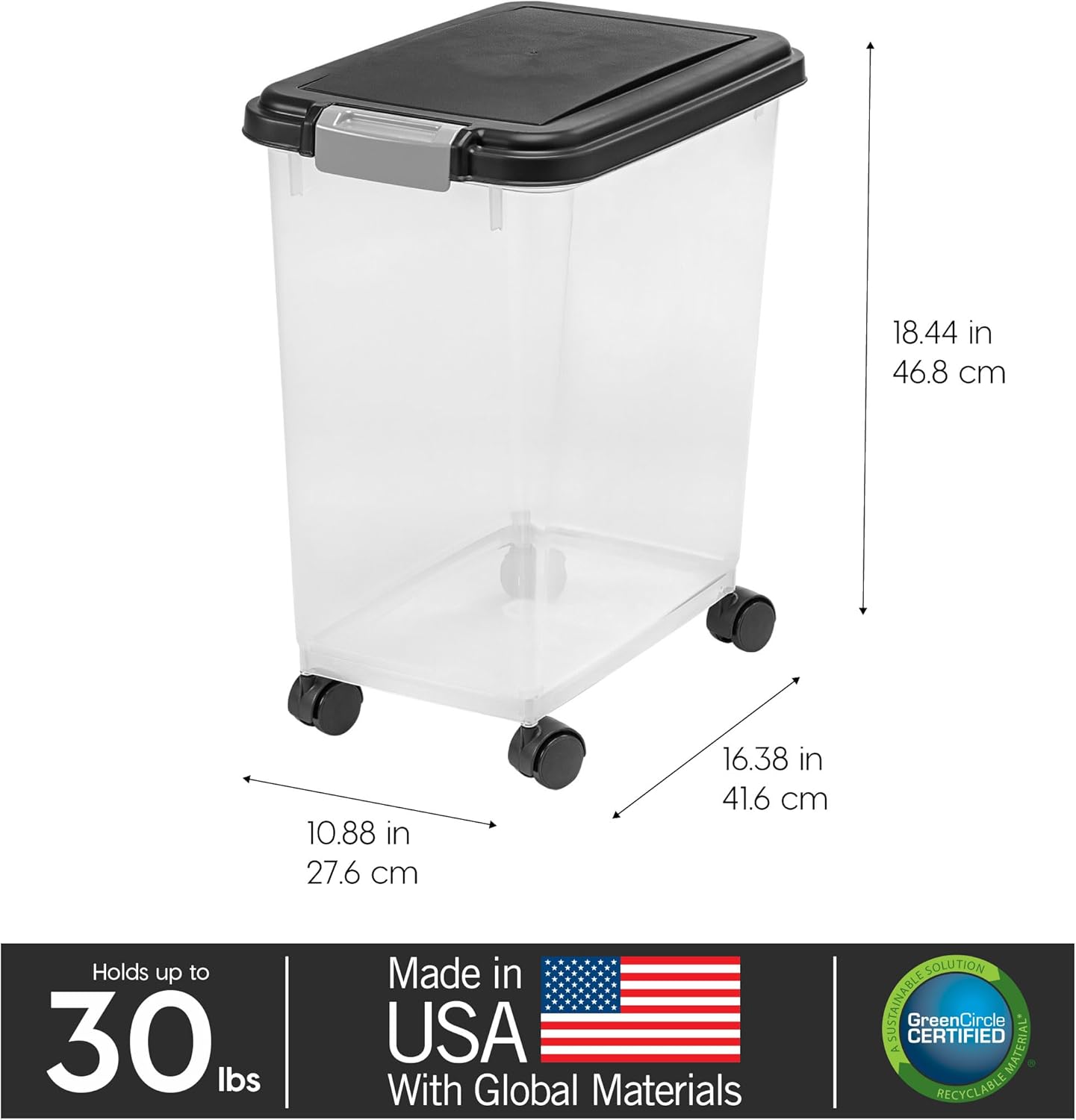 IRIS USA Airtight Pet Food Storage Container with Wheels, Black, 30 lb Capacity - BPA-Free Clear Plastic Bin with Snap-Lid Seal to Keep Kibble, Pellets or Seeds Fresh for Dogs, Cats and Birds