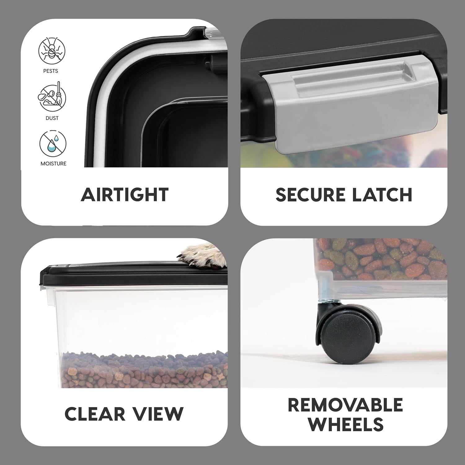 IRIS USA Airtight Pet Food Storage Container with Wheels, Black, 30 lb Capacity - BPA-Free Clear Plastic Bin with Snap-Lid Seal to Keep Kibble, Pellets or Seeds Fresh for Dogs, Cats and Birds