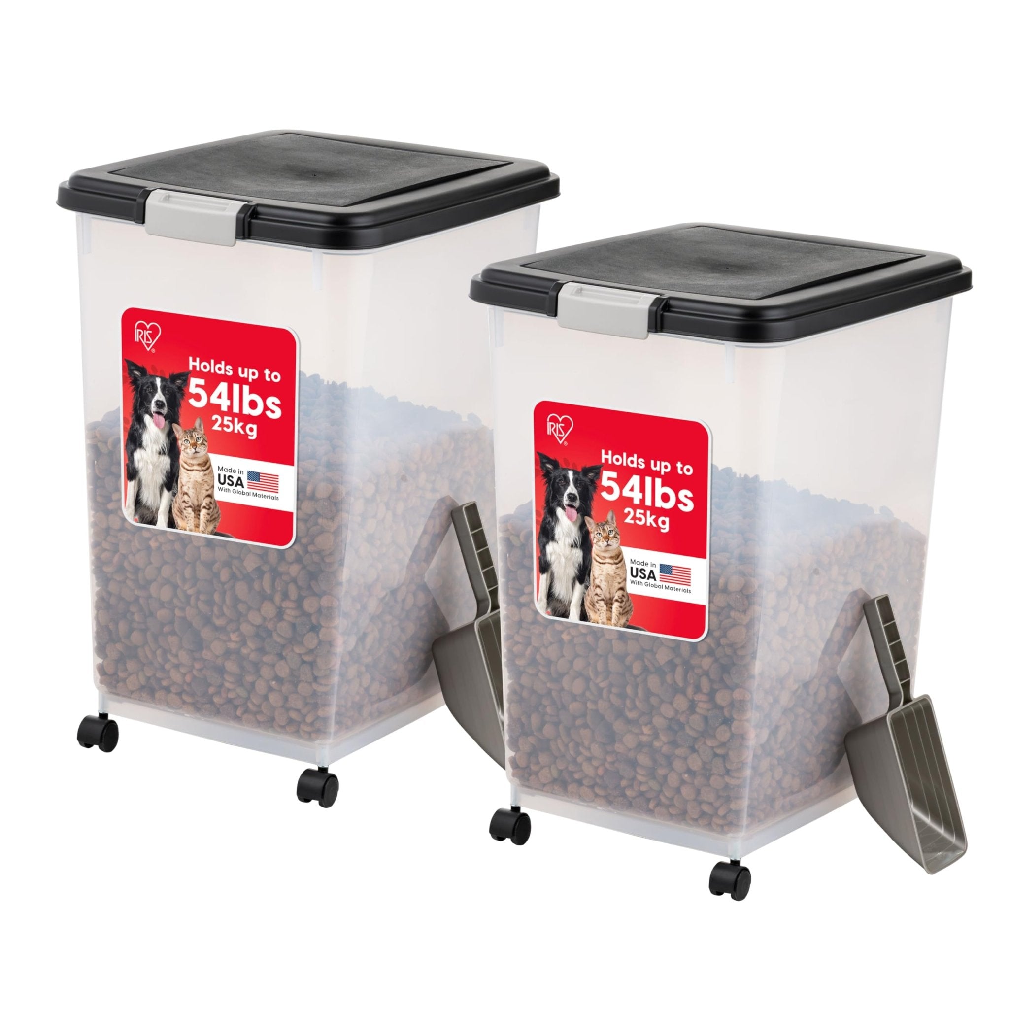 IRIS USA Airtight Pet Food Storage Container with Wheels, Black, 30 lb Capacity - BPA-Free Clear Plastic Bin with Snap-Lid Seal to Keep Kibble, Pellets or Seeds Fresh for Dogs, Cats and Birds