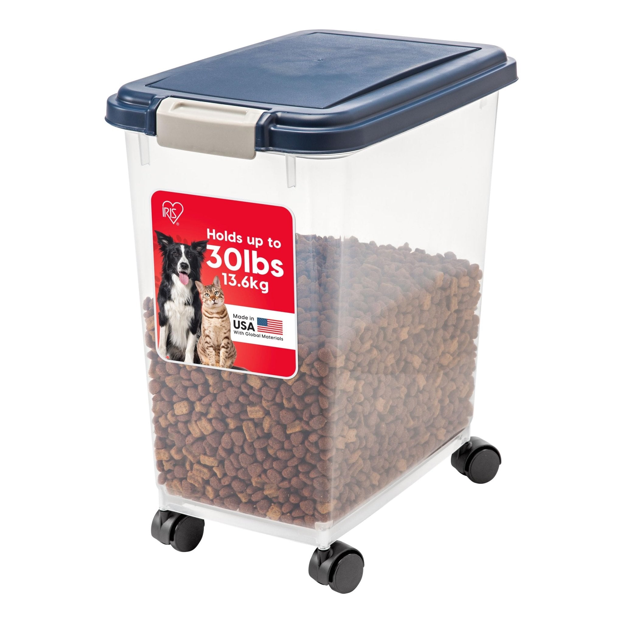 IRIS USA Airtight Pet Food Storage Container with Wheels, Black, 30 lb Capacity - BPA-Free Clear Plastic Bin with Snap-Lid Seal to Keep Kibble, Pellets or Seeds Fresh for Dogs, Cats and Birds