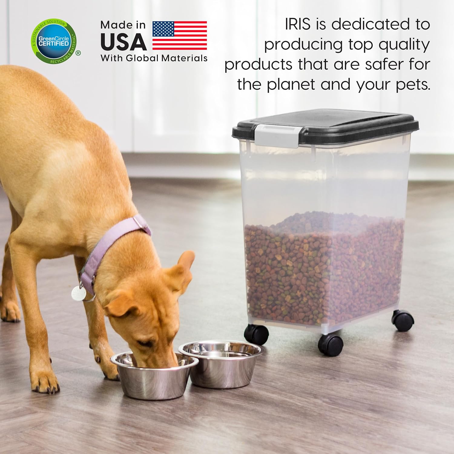 IRIS USA Airtight Pet Food Storage Container with Wheels, Black, 30 lb Capacity - BPA-Free Clear Plastic Bin with Snap-Lid Seal to Keep Kibble, Pellets or Seeds Fresh for Dogs, Cats and Birds