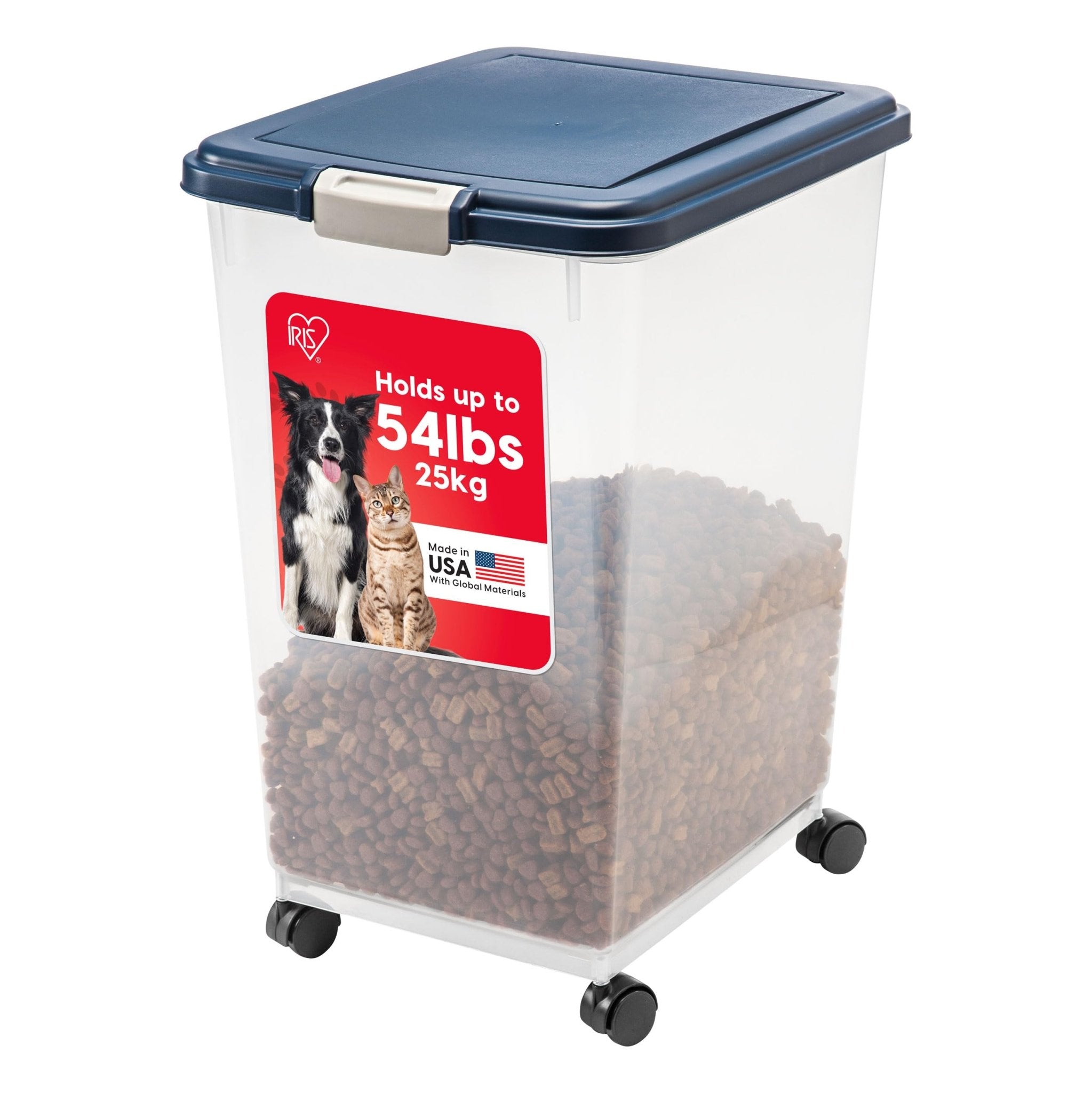 IRIS USA Airtight Pet Food Storage Container with Wheels, Black, 30 lb Capacity - BPA-Free Clear Plastic Bin with Snap-Lid Seal to Keep Kibble, Pellets or Seeds Fresh for Dogs, Cats and Birds