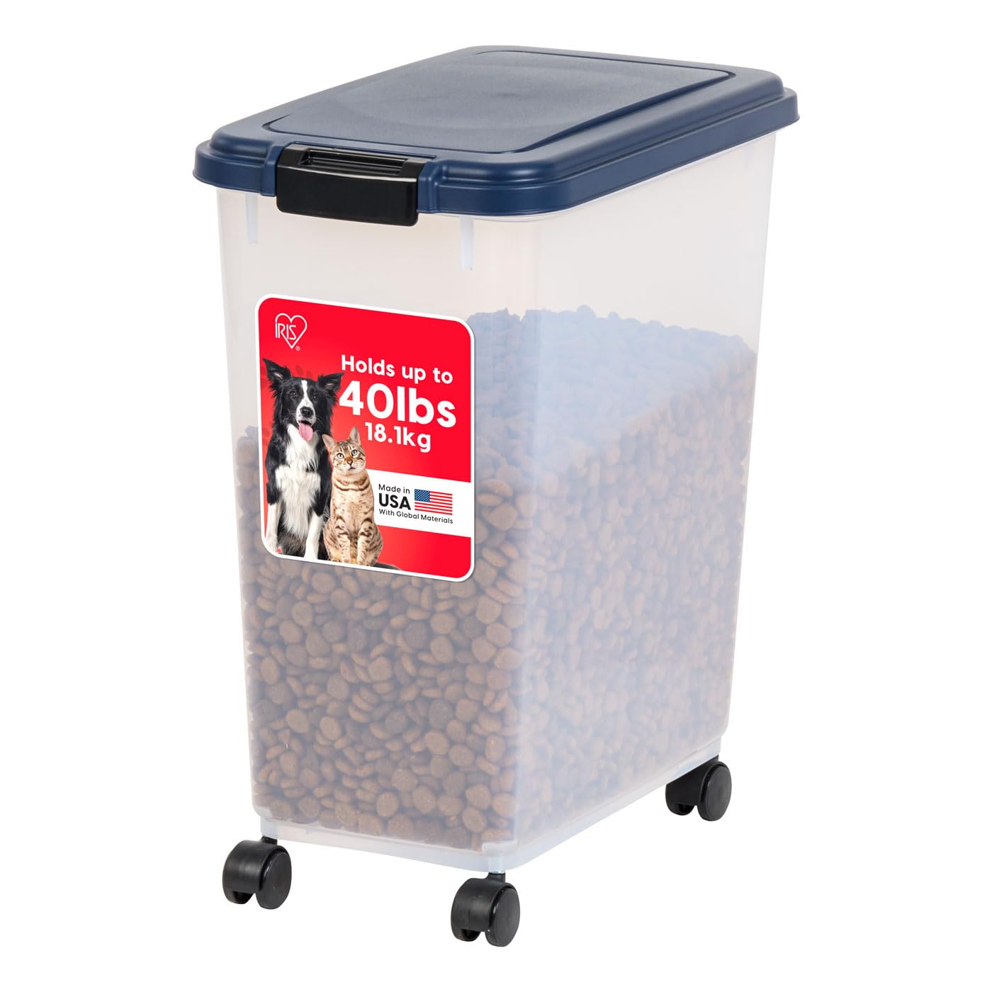 IRIS USA Airtight Pet Food Storage Container with Wheels, Black, 30 lb Capacity - BPA-Free Clear Plastic Bin with Snap-Lid Seal to Keep Kibble, Pellets or Seeds Fresh for Dogs, Cats and Birds