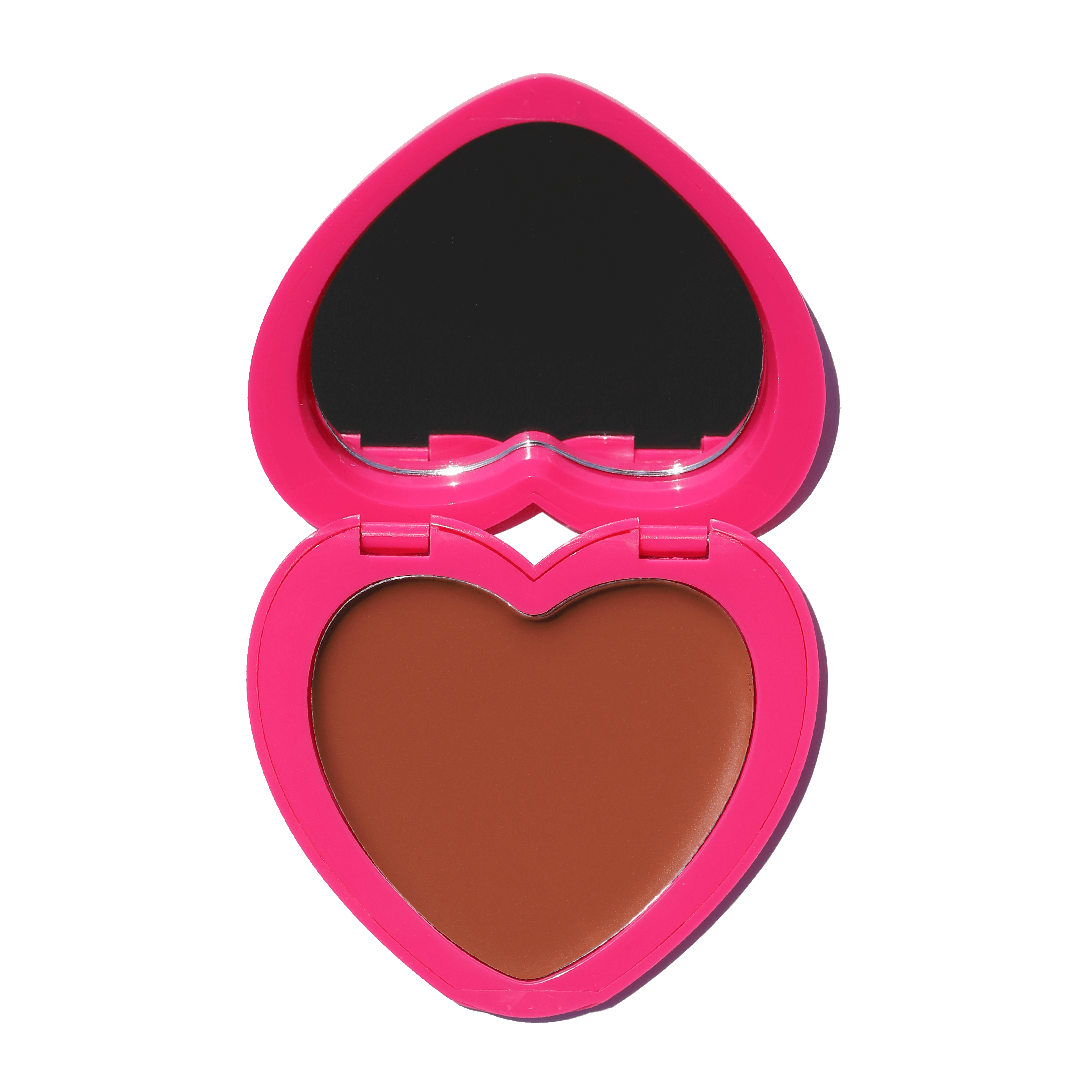 Heart-shaped compact of Candy Paint Cheek + Lip Tint opened to reveal a rich, terracotta cream blush with built-in mirror, perfect for achieving a dewy, radiant finish.