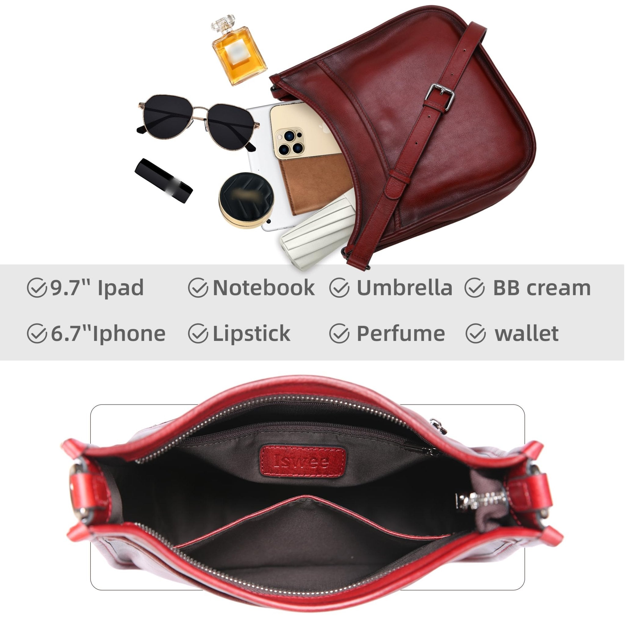 Iswee Crossbody Bags for Women Genuine Leather Purses Vintage Shoulder Handbags Travel Cross Body Bag with Boho Strap