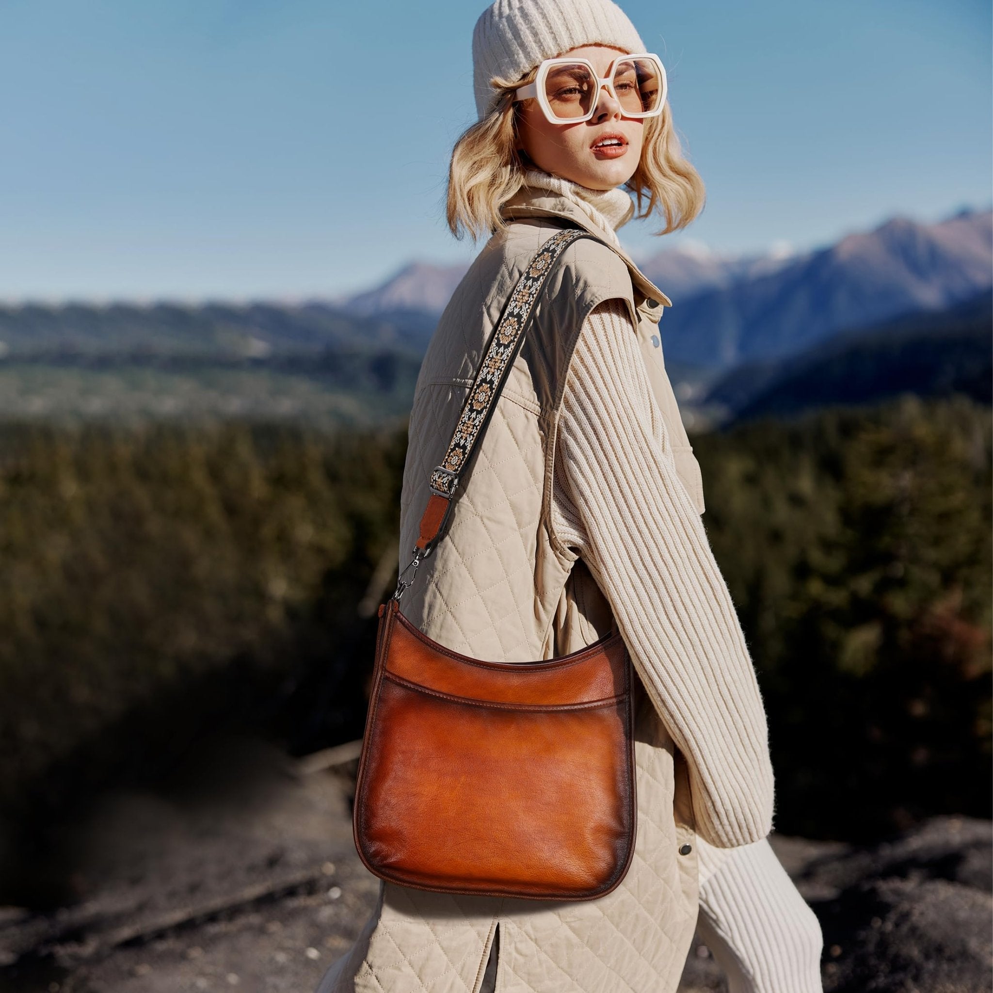 Iswee Crossbody Bags for Women Genuine Leather Purses Vintage Shoulder Handbags Travel Cross Body Bag with Boho Strap