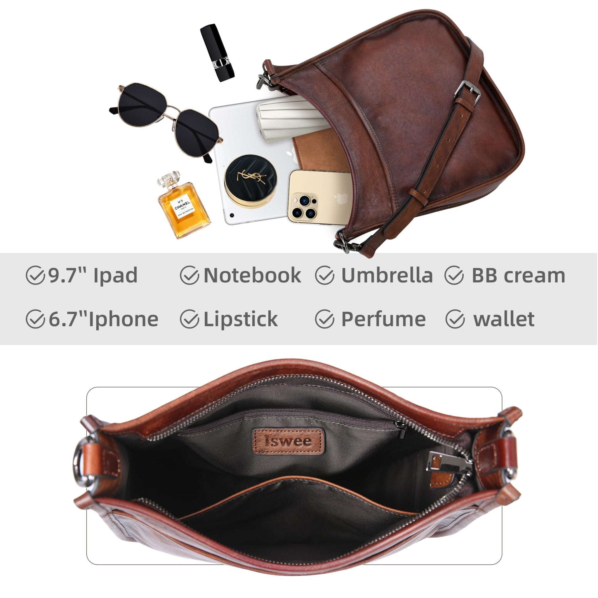 Iswee Crossbody Bags for Women Genuine Leather Purses Vintage Shoulder Handbags Travel Cross Body Bag with Boho Strap