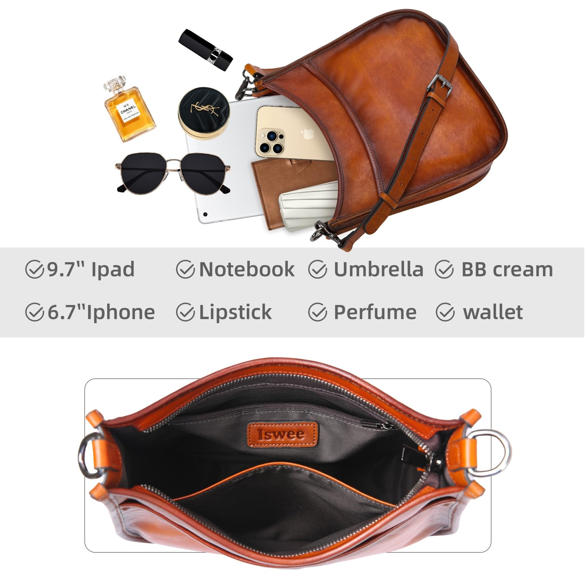 Iswee Crossbody Bags for Women Genuine Leather Purses Vintage Shoulder Handbags Travel Cross Body Bag with Boho Strap