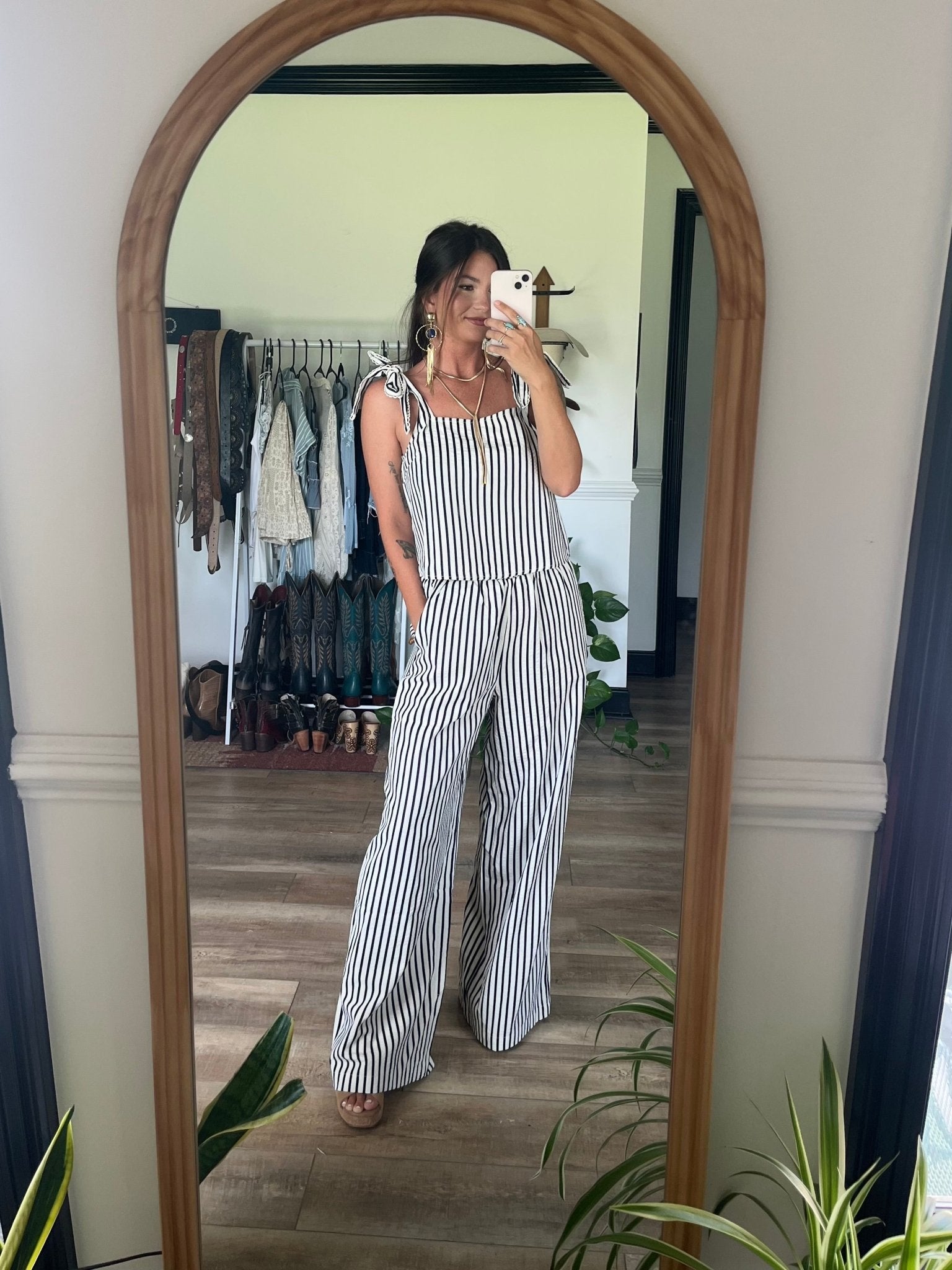 Ivory Striped Tie Strap Lace Detail Top - FINAL SALE