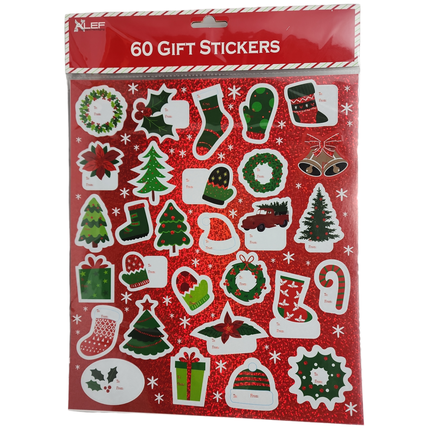 60 Count Peel and Stick Gift Tags -  Wreath / Holly / Stocking