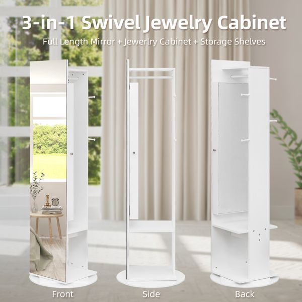 Jewelry Armoire with Full Length Mirror 360° and Large Capacity Jewelry Organizer Armoire; Lockable Mirror with Jewelry Storage; Coat Rack; Multi Storage Shelves