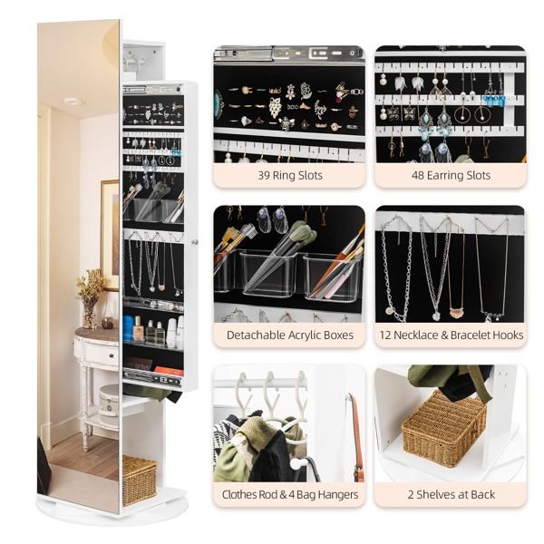 Jewelry Armoire with Full Length Mirror 360° and Large Capacity Jewelry Organizer Armoire; Lockable Mirror with Jewelry Storage; Coat Rack; Multi Storage Shelves