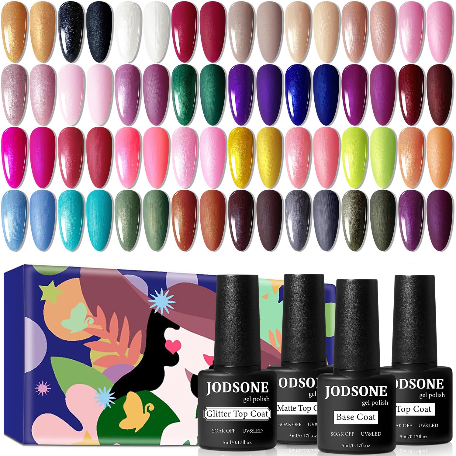 JODSONE 36 PCS Gel Nail Polish Set-32 Colors Gel Polish Kit Base Coat Glossy Matte and Glitter Top Coat Nail Polish Set Green Blue Red Pink Collection Gifts for Women