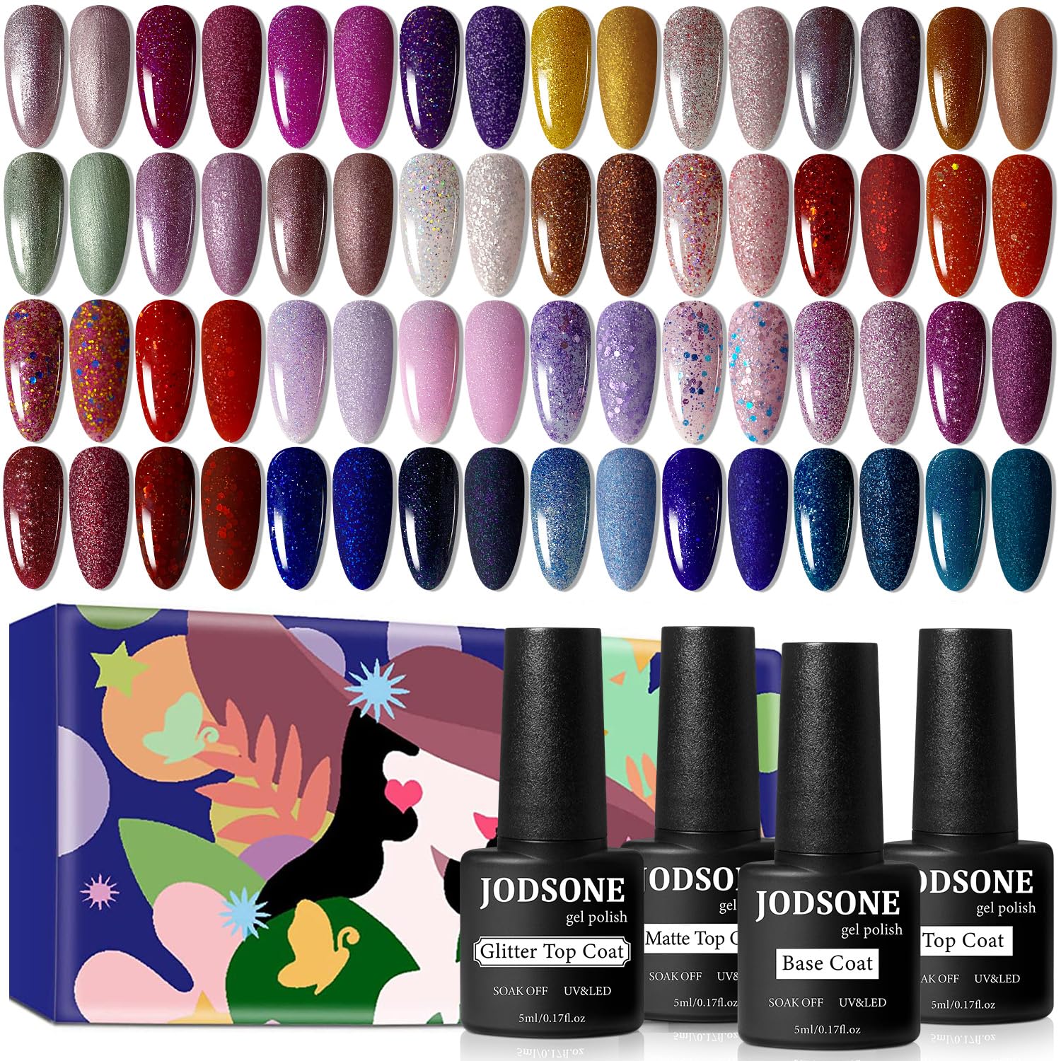JODSONE 36 PCS Gel Nail Polish Set-32 Colors Gel Polish Kit Base Coat Glossy Matte and Glitter Top Coat Nail Polish Set Green Blue Red Pink Collection Gifts for Women