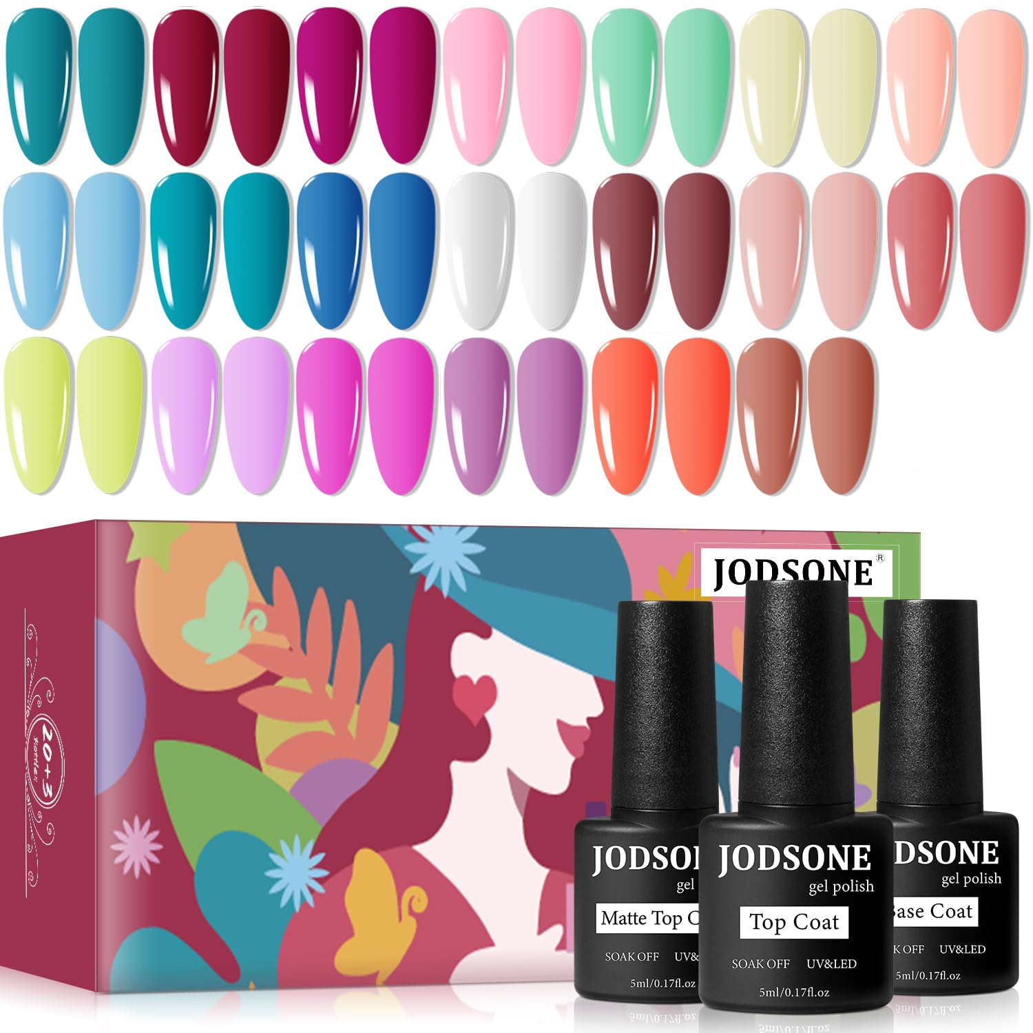 JODSONE 36 PCS Gel Nail Polish Set-32 Colors Gel Polish Kit Base Coat Glossy Matte and Glitter Top Coat Nail Polish Set Green Blue Red Pink Collection Gifts for Women