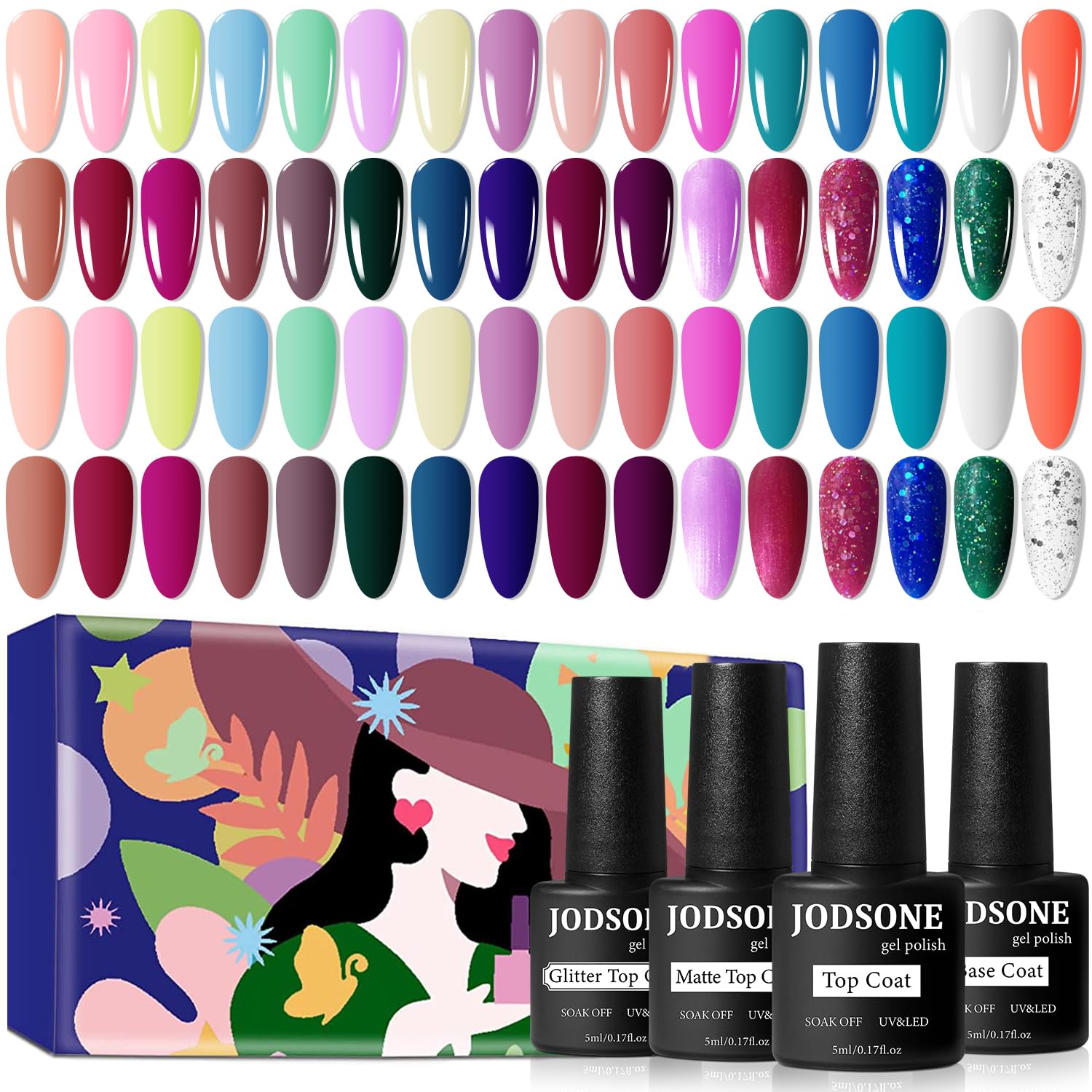 JODSONE 36 PCS Gel Nail Polish Set-32 Colors Gel Polish Kit Base Coat Glossy Matte and Glitter Top Coat Nail Polish Set Green Blue Red Pink Collection Gifts for Women