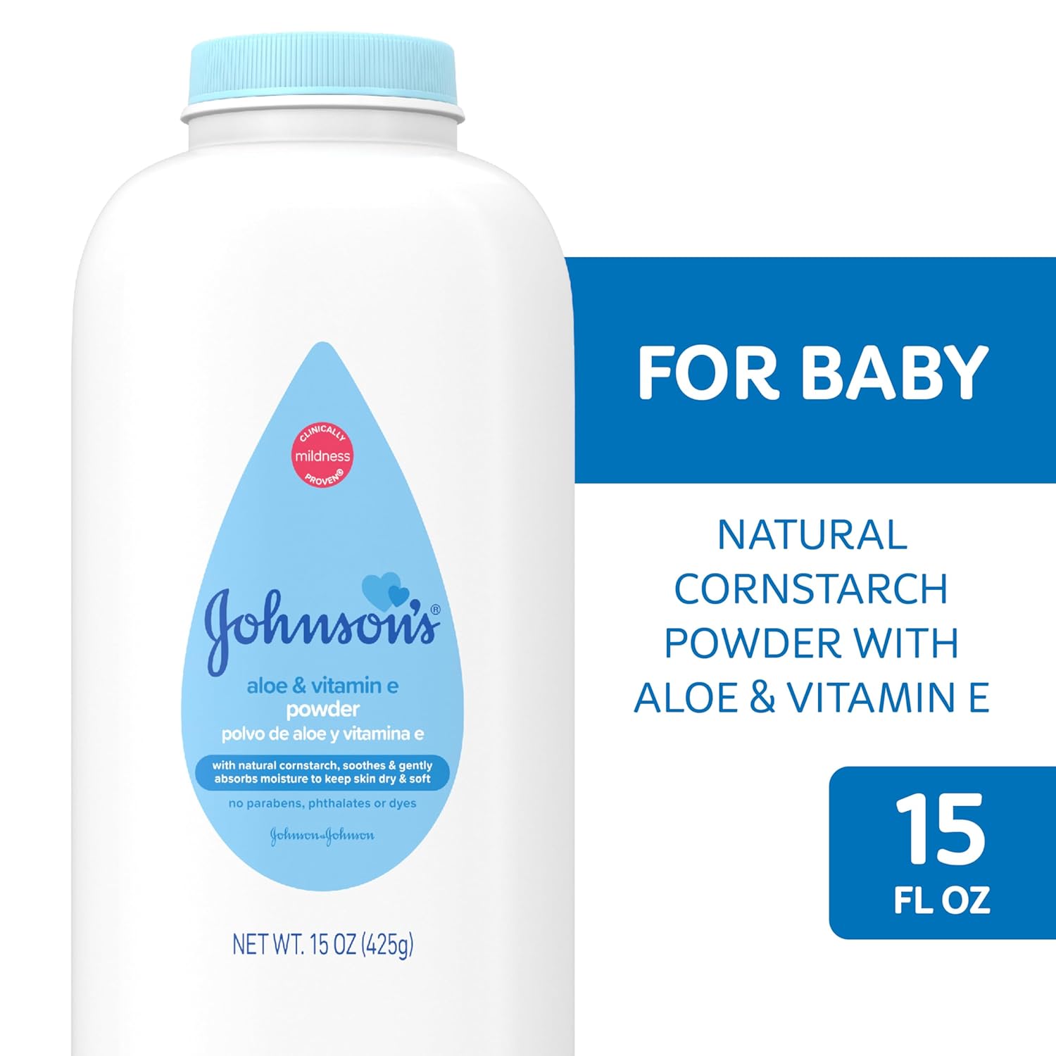 Johnson's Baby Powder with Naturally Derived Cornstarch, Aloe & Vitamin E for Delicate Skin, Hypoallergenic, Free of Parabens, Phthalates & Dyes for Gentle Baby Skin Care, 15 oz