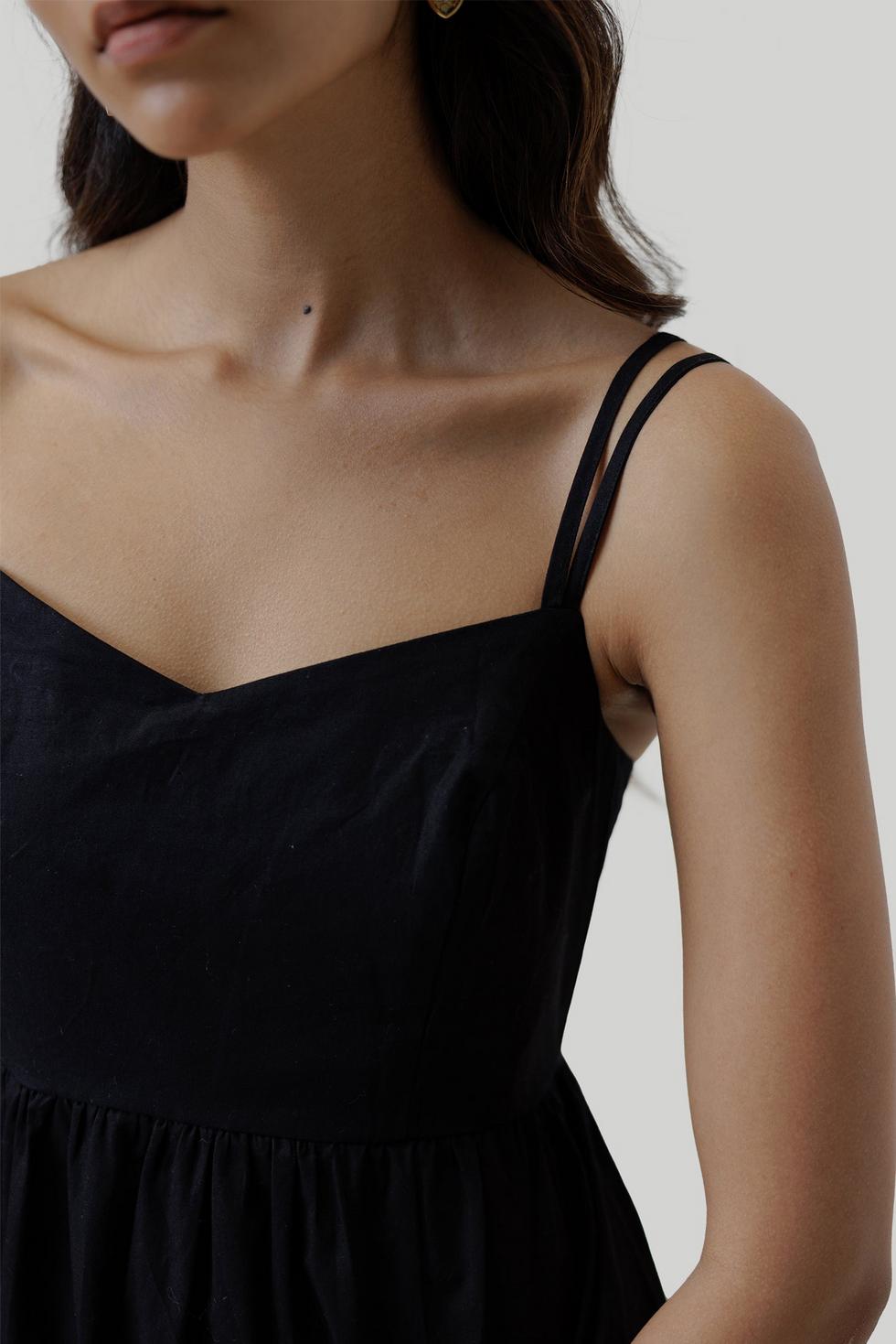Strappy Gathered Midi Dress - Black