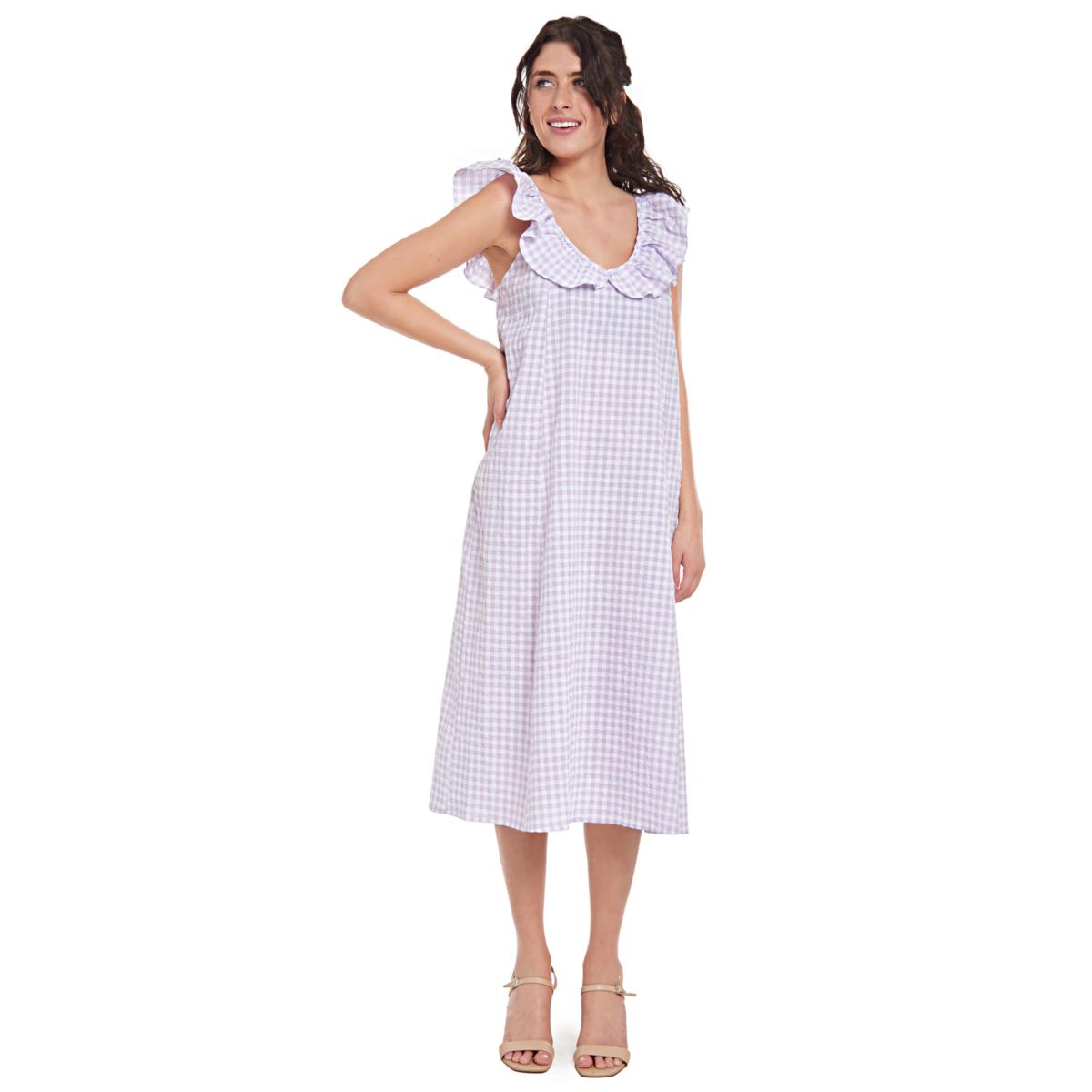Erin Ruffle Midi Dress - Lavender Ginham