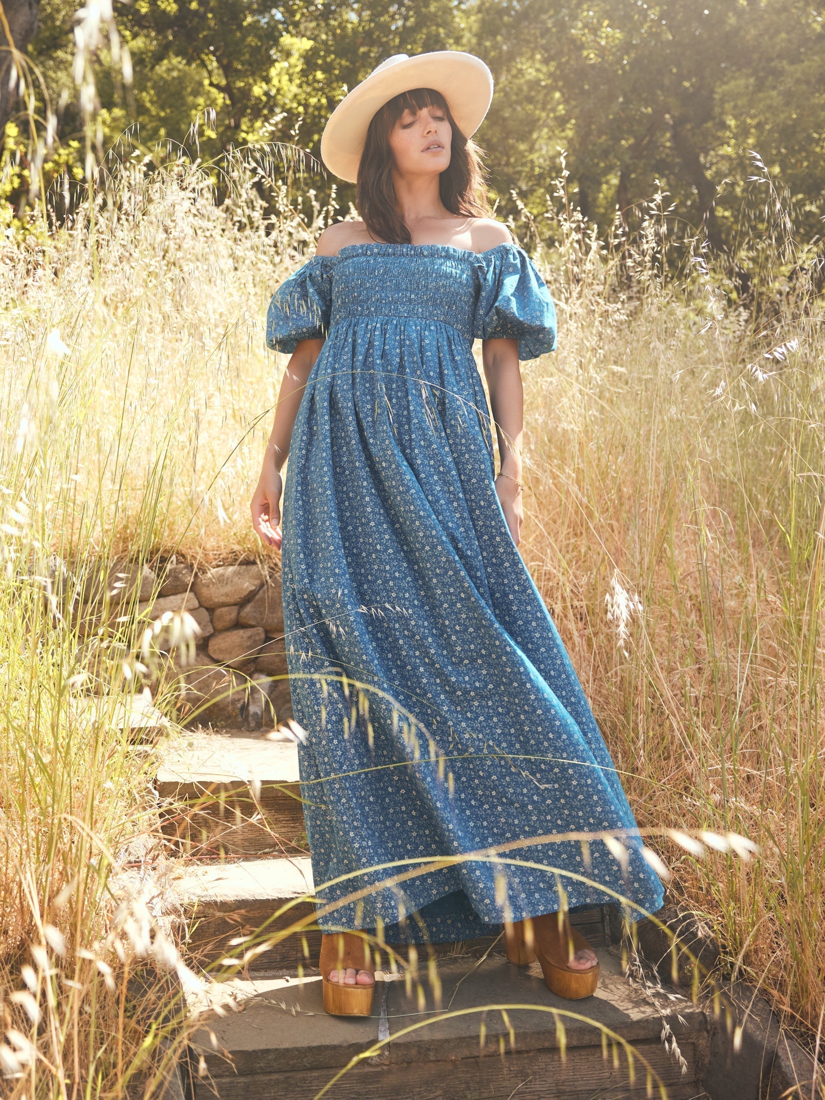 Aurora Puff Sleeve Maxi Dress - Queen Blue/Mini Alabaster Floral print