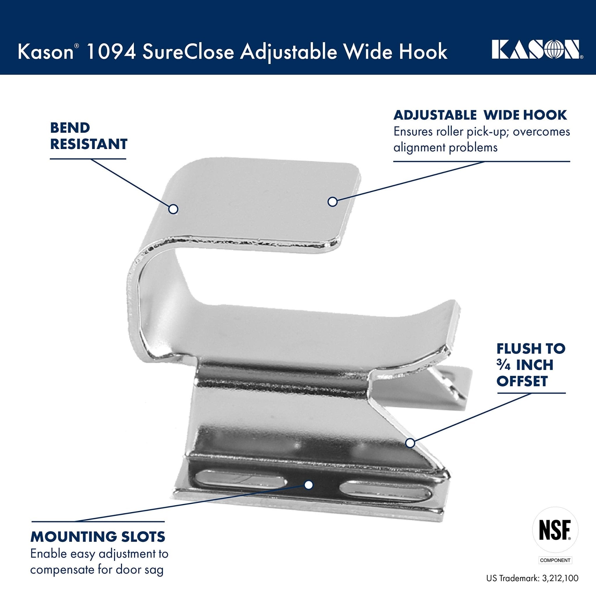 Kason 1094 SureClose Hydraulic Door Closer and Hook, Concealed Mounting, Adjustable Wide-Hook, 7/8 to 1-5/8 Inch Offset, 11094000013_11094000027