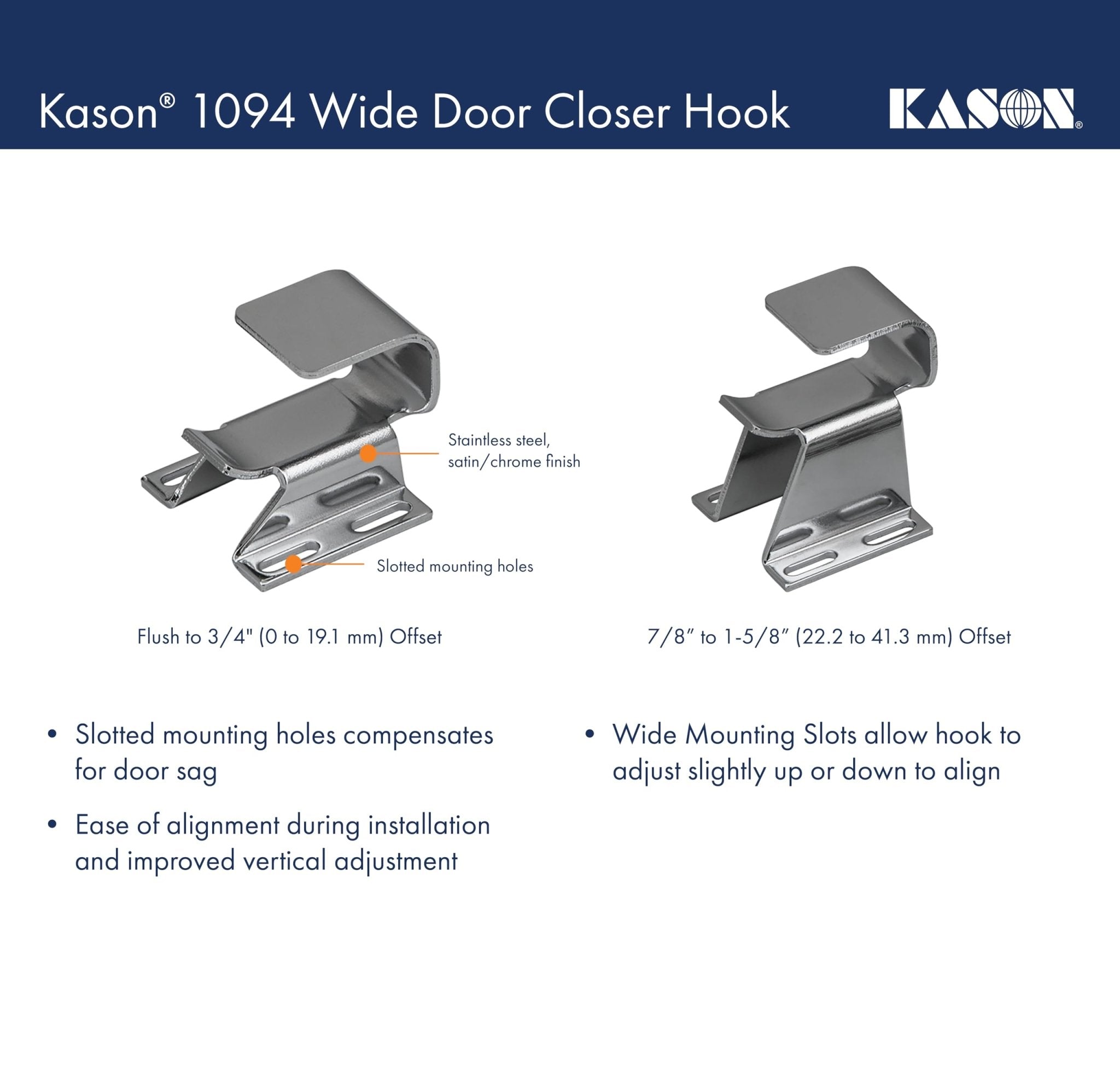 Kason 1094 SureClose Hydraulic Door Closer and Hook, Concealed Mounting, Adjustable Wide-Hook, 7/8 to 1-5/8 Inch Offset, 11094000013_11094000027