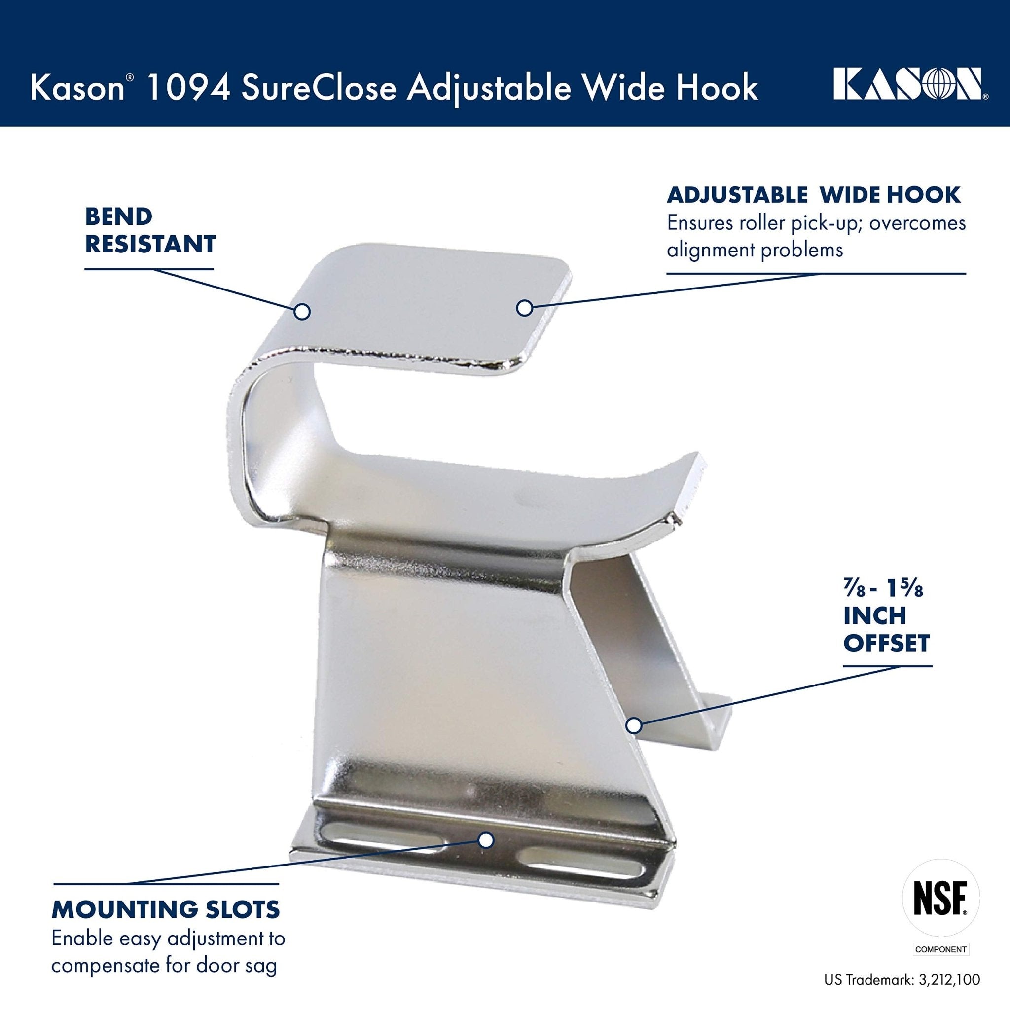 Kason 1094 SureClose Hydraulic Door Closer and Hook, Concealed Mounting, Adjustable Wide-Hook, 7/8 to 1-5/8 Inch Offset, 11094000013_11094000027