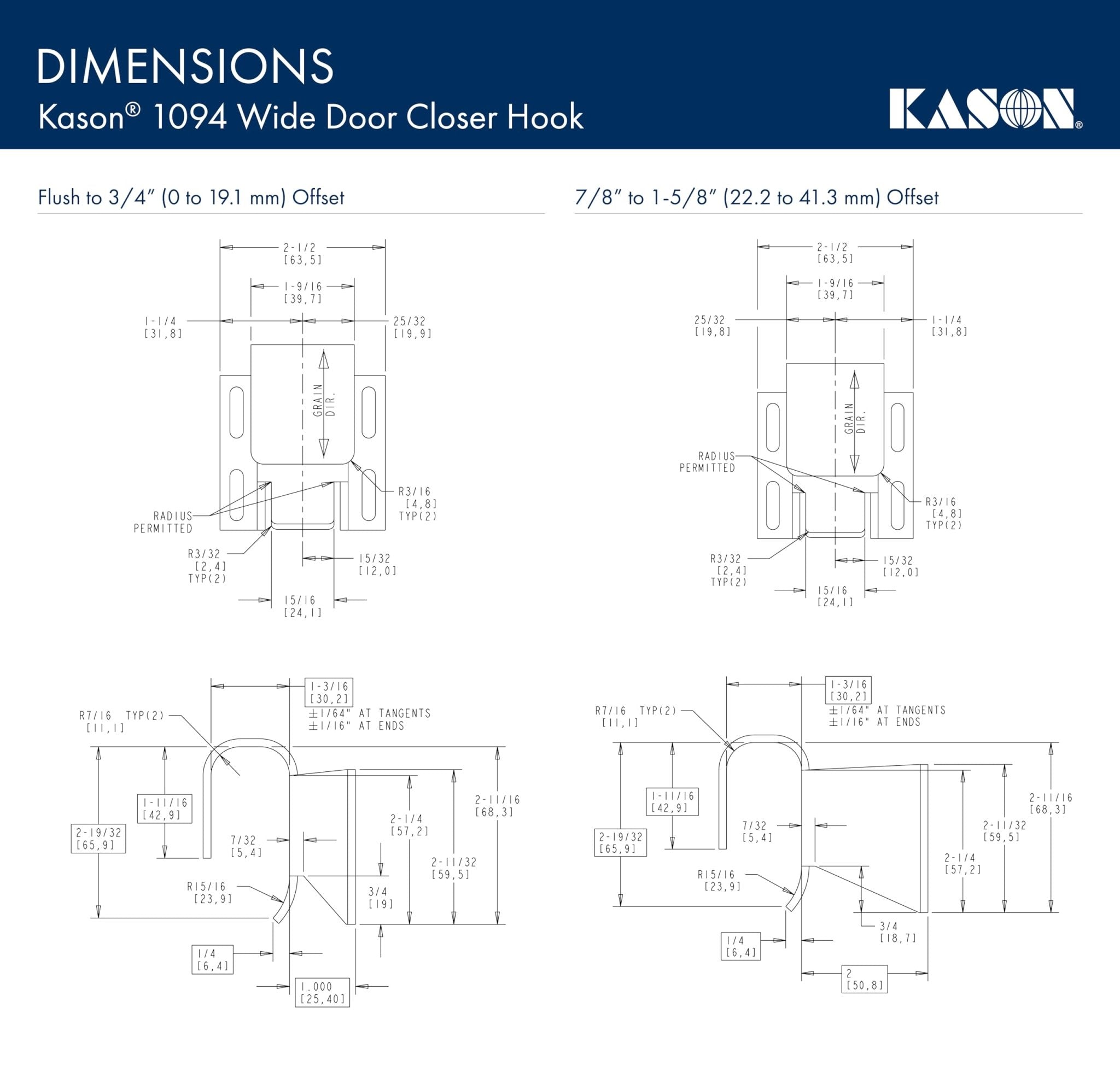 Kason 1094 SureClose Hydraulic Door Closer and Hook, Concealed Mounting, Adjustable Wide-Hook, 7/8 to 1-5/8 Inch Offset, 11094000013_11094000027