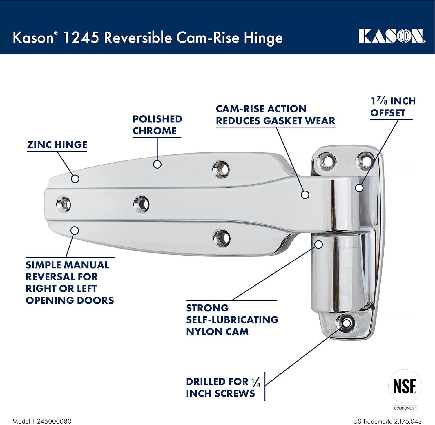 Kason 1245 Reversible Cam-Rise Hinge, 1-7/8 Inch Offset, Polished Chrome Finish, 11245000080