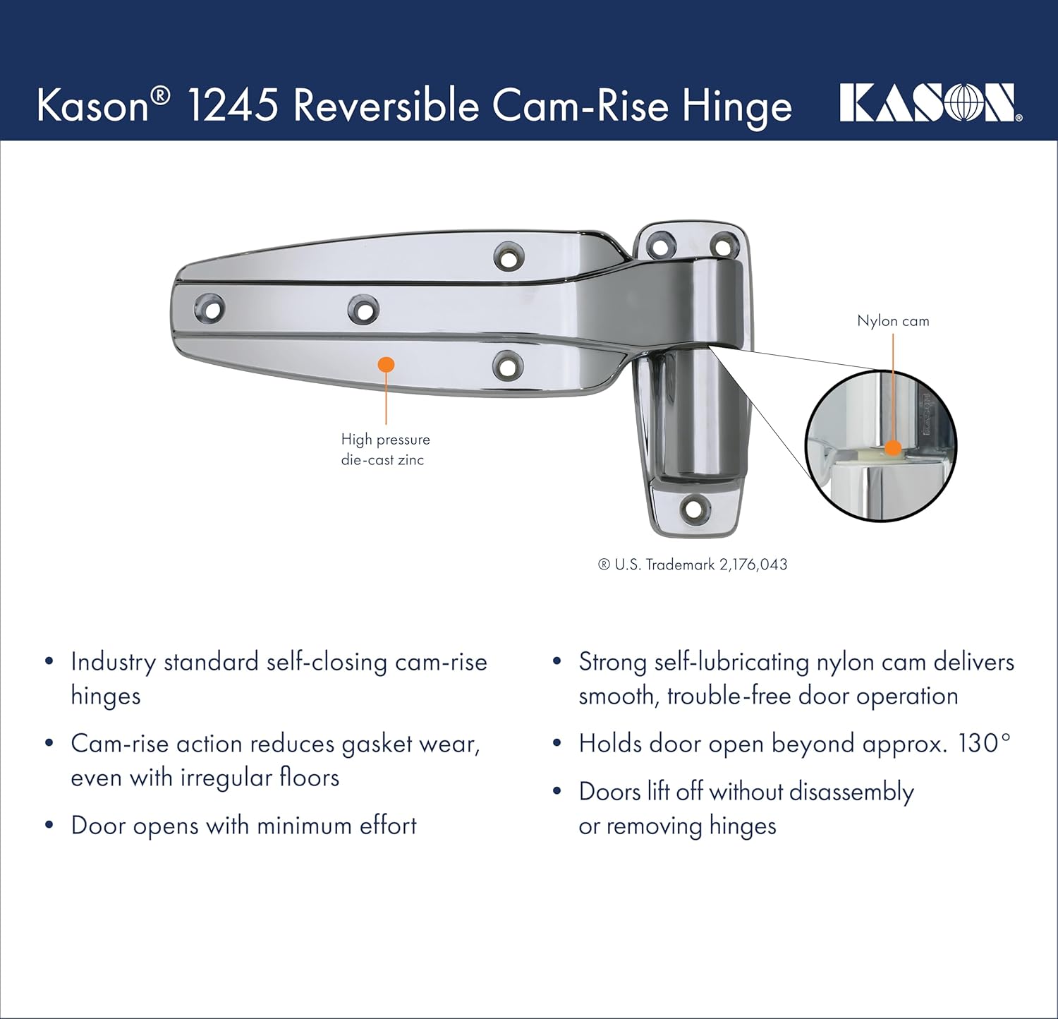 Kason 1245 Reversible Cam-Rise Hinge, Flush Offset, Brushed Chrome Finish, 11245000088