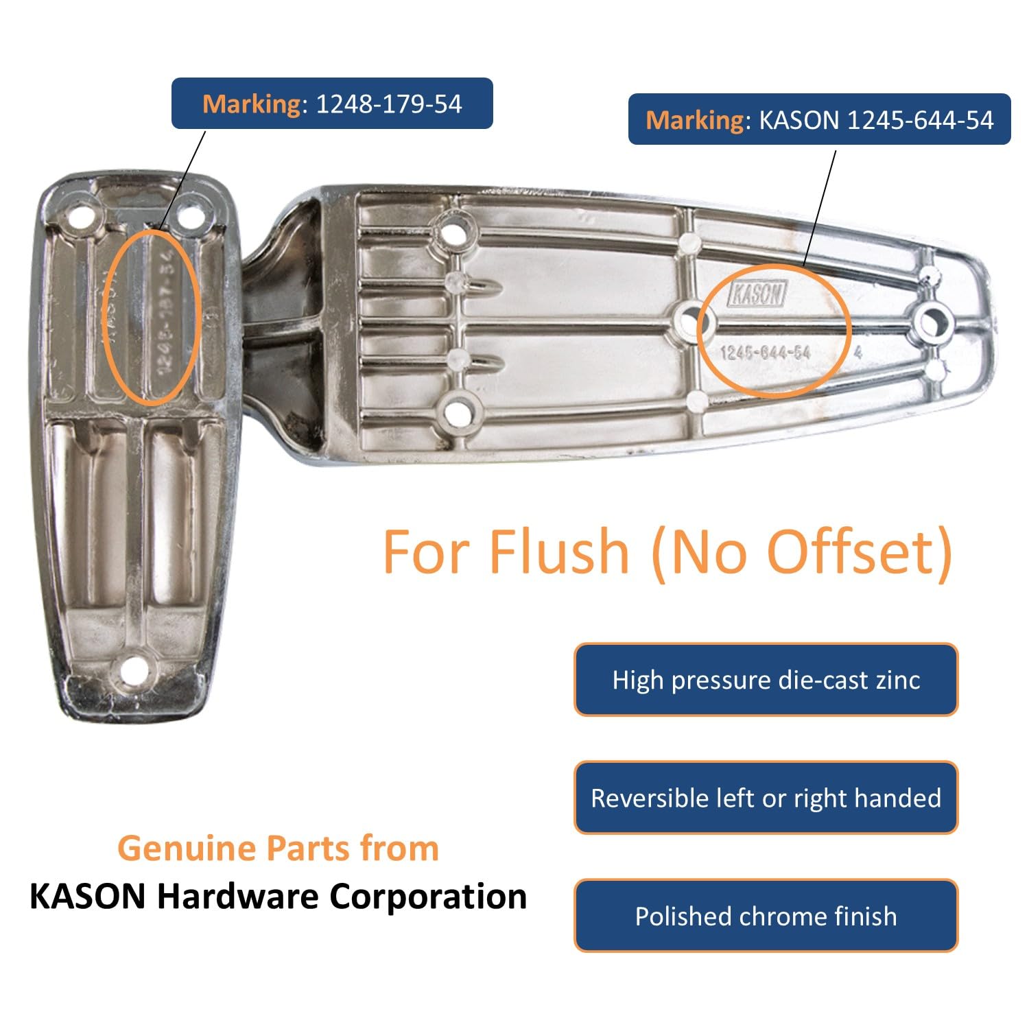 Kason 1248 Reversible Spring-Assisted Cam-Lift Hinge Chrome Finish for Walk-in Freezer Cooler Refrigerator (Flush)
