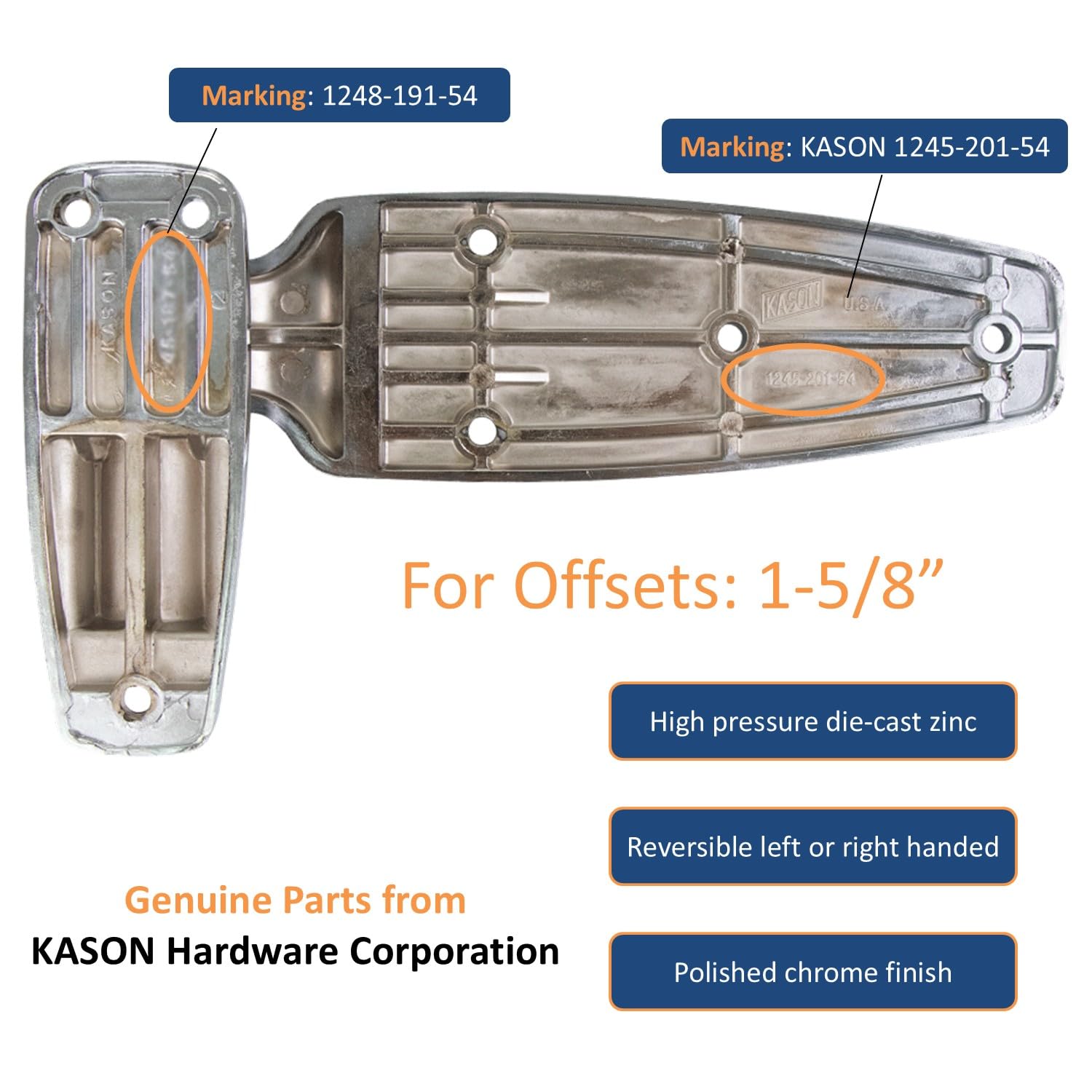 Kason 1248 Reversible Spring-Assisted Cam-Lift Hinge Chrome Finish for Walk-in Freezer Cooler Refrigerator (Flush)