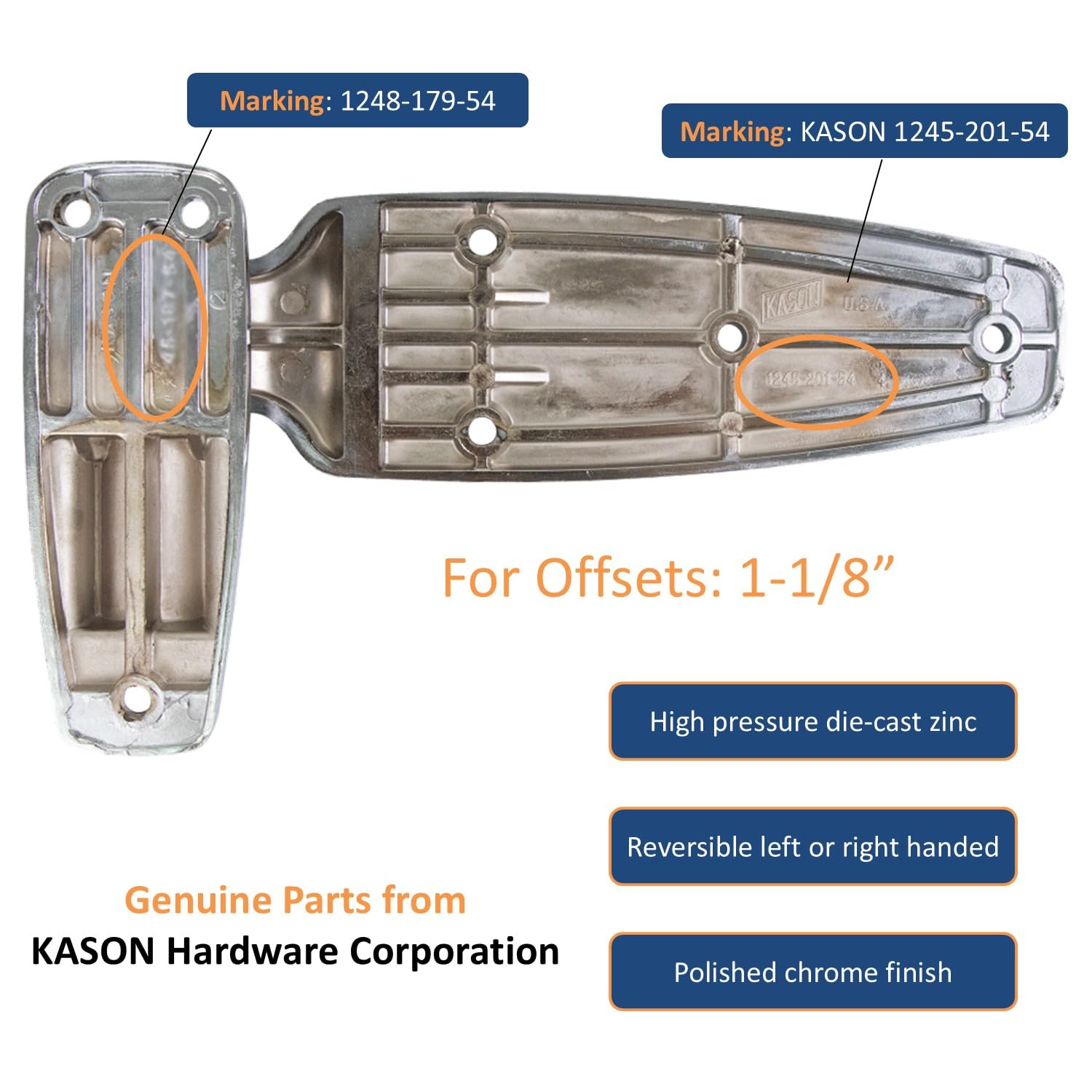 Kason 1248 Reversible Spring-Assisted Cam-Lift Hinge Chrome Finish for Walk-in Freezer Cooler Refrigerator (Flush)