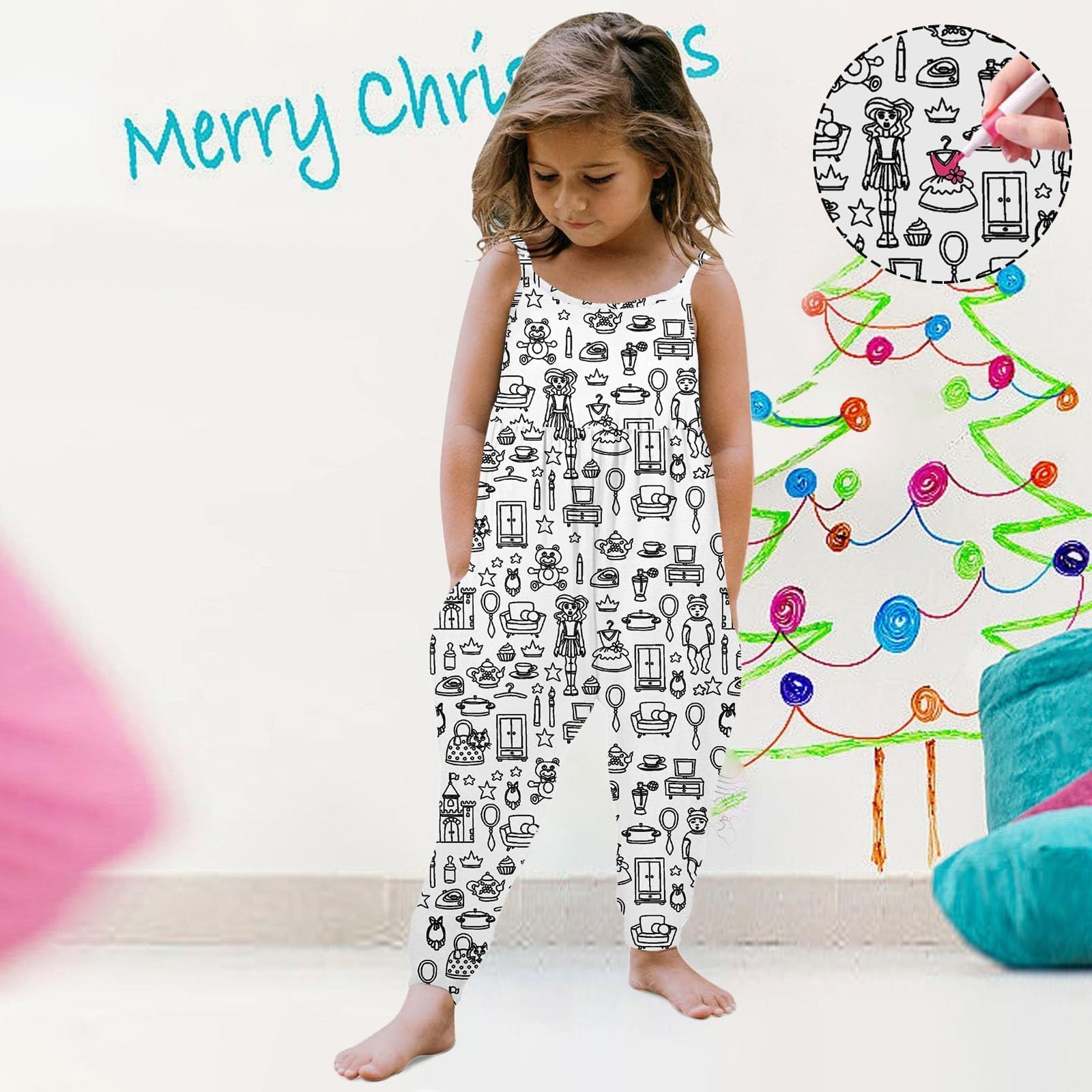 Kid DIY Hand Painted Homewear Jumpsuit Sleeveless Romper Outfits Pants Clothes for Boy and Girl Can Play with and Wear