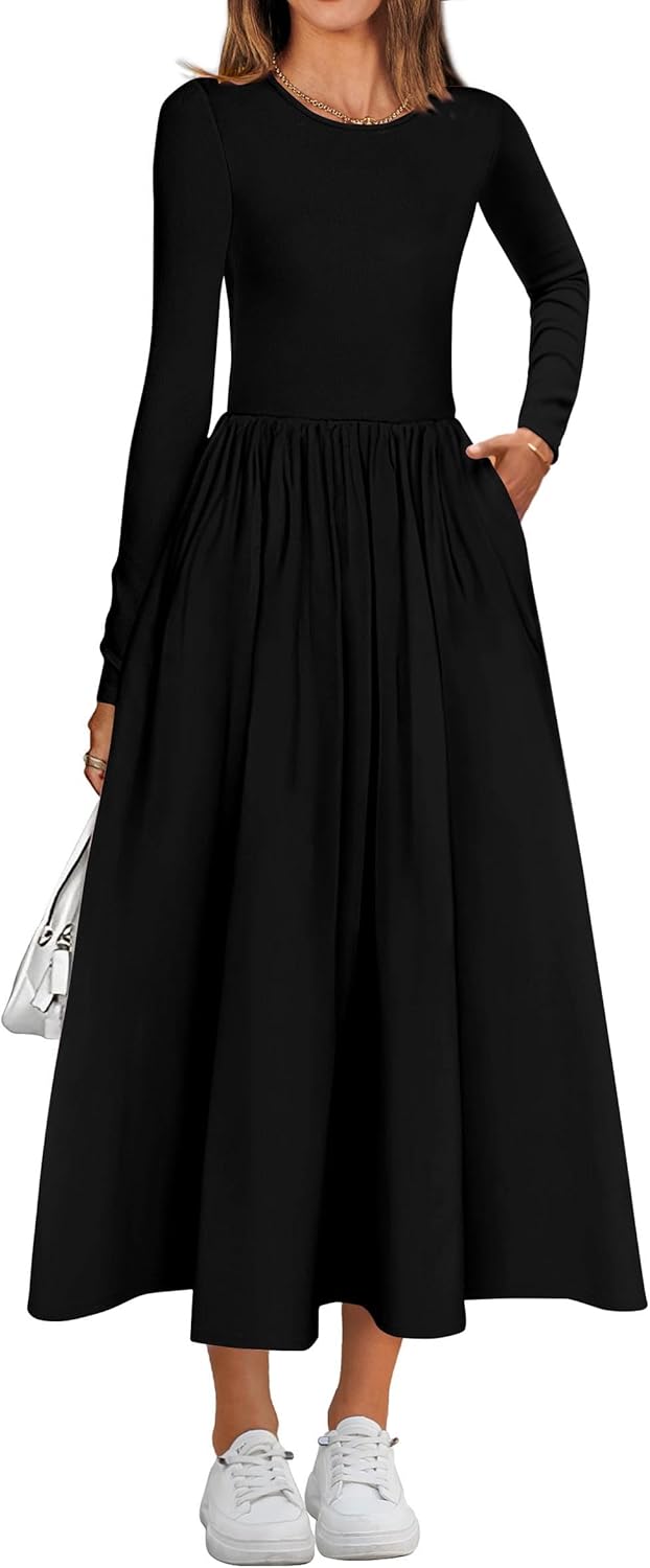 KIRUNDO Women's Casual Long Sleeve Fall Wedding Guest Dress 2025 Spring Summer Elegant Boho Flowy Midi Dresses Pockets