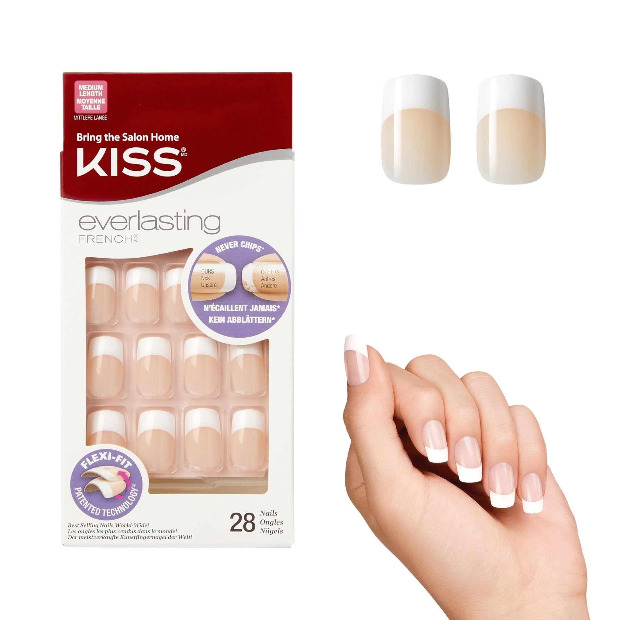 Kiss Everlasting French Nail Manicure, Chip-Free with Flexi-Fit Technology, Real Short, "Endless", Nail Kit with Pink Nail Glue (Net Wt. 2 g / 0.07oz.), Mini File, Manicure Stick, and 28 Fake Nails