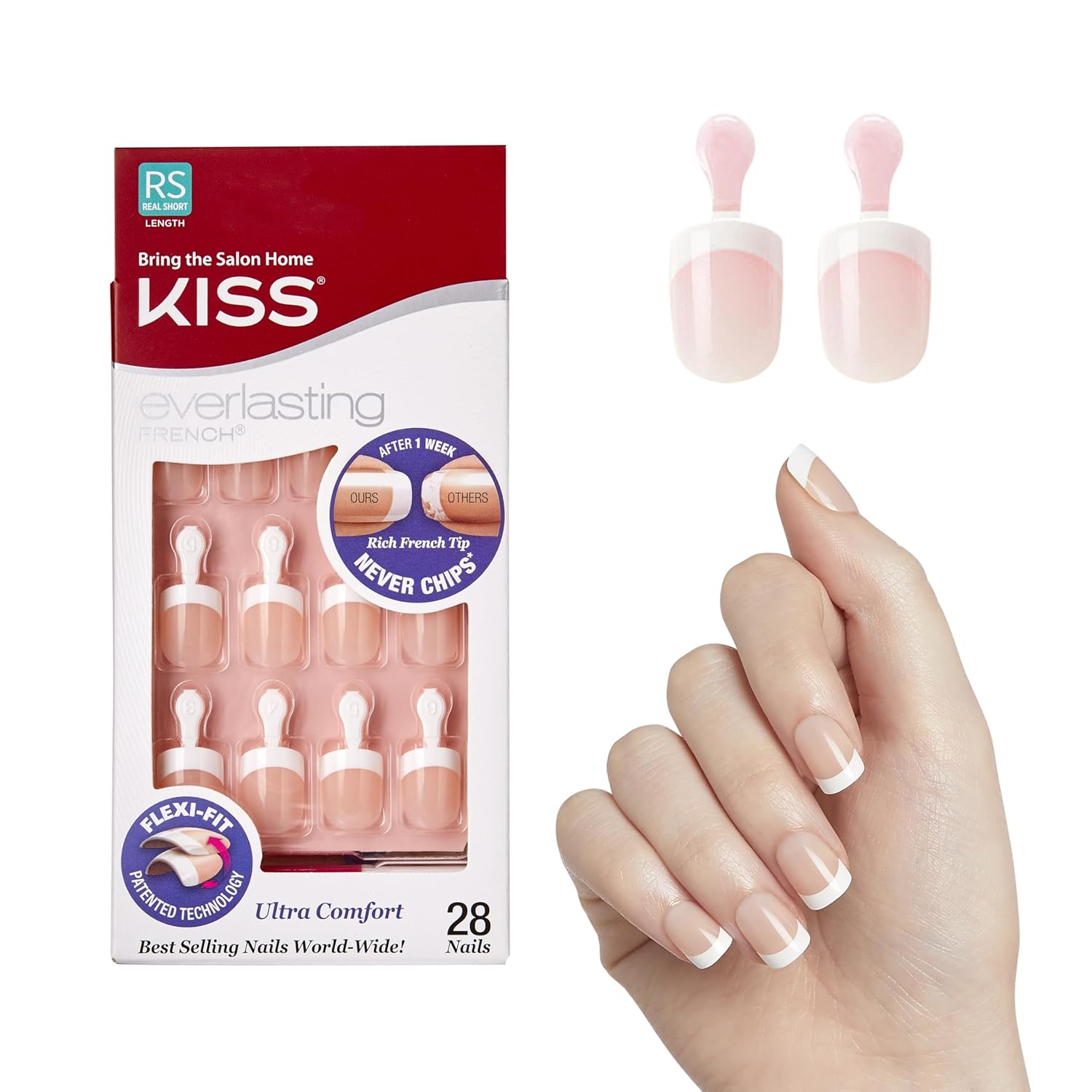 Kiss Everlasting French Nail Manicure, Chip-Free with Flexi-Fit Technology, Real Short, "Endless", Nail Kit with Pink Nail Glue (Net Wt. 2 g / 0.07oz.), Mini File, Manicure Stick, and 28 Fake Nails