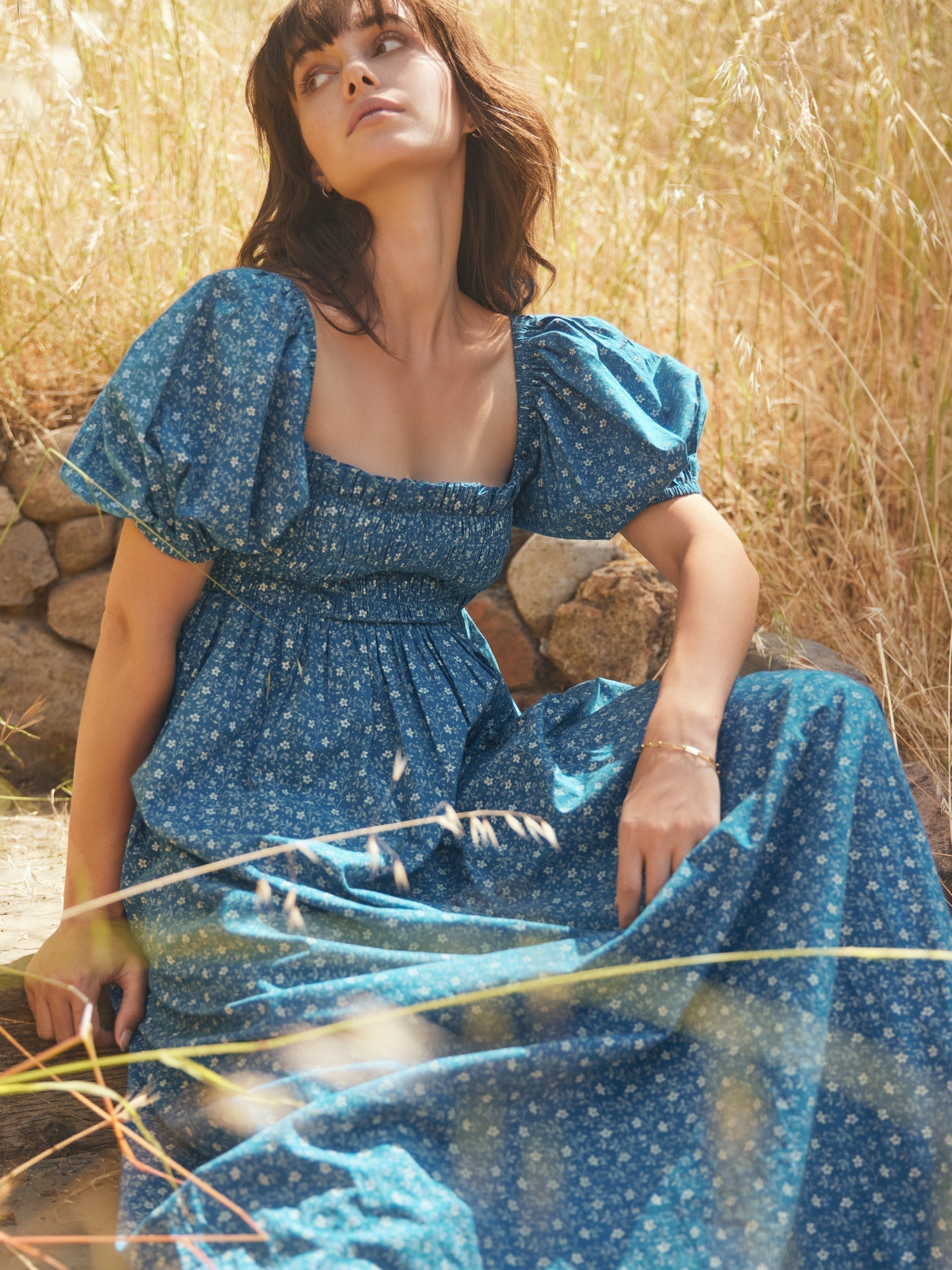 Aurora Puff Sleeve Maxi Dress - Queen Blue/Mini Alabaster Floral print