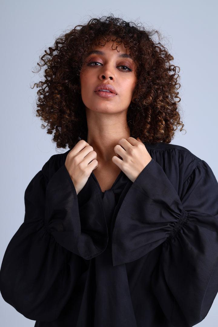 Protagonista Tencel Pussy-Bow Black Blouse With Voluminous Airy Sleeves
