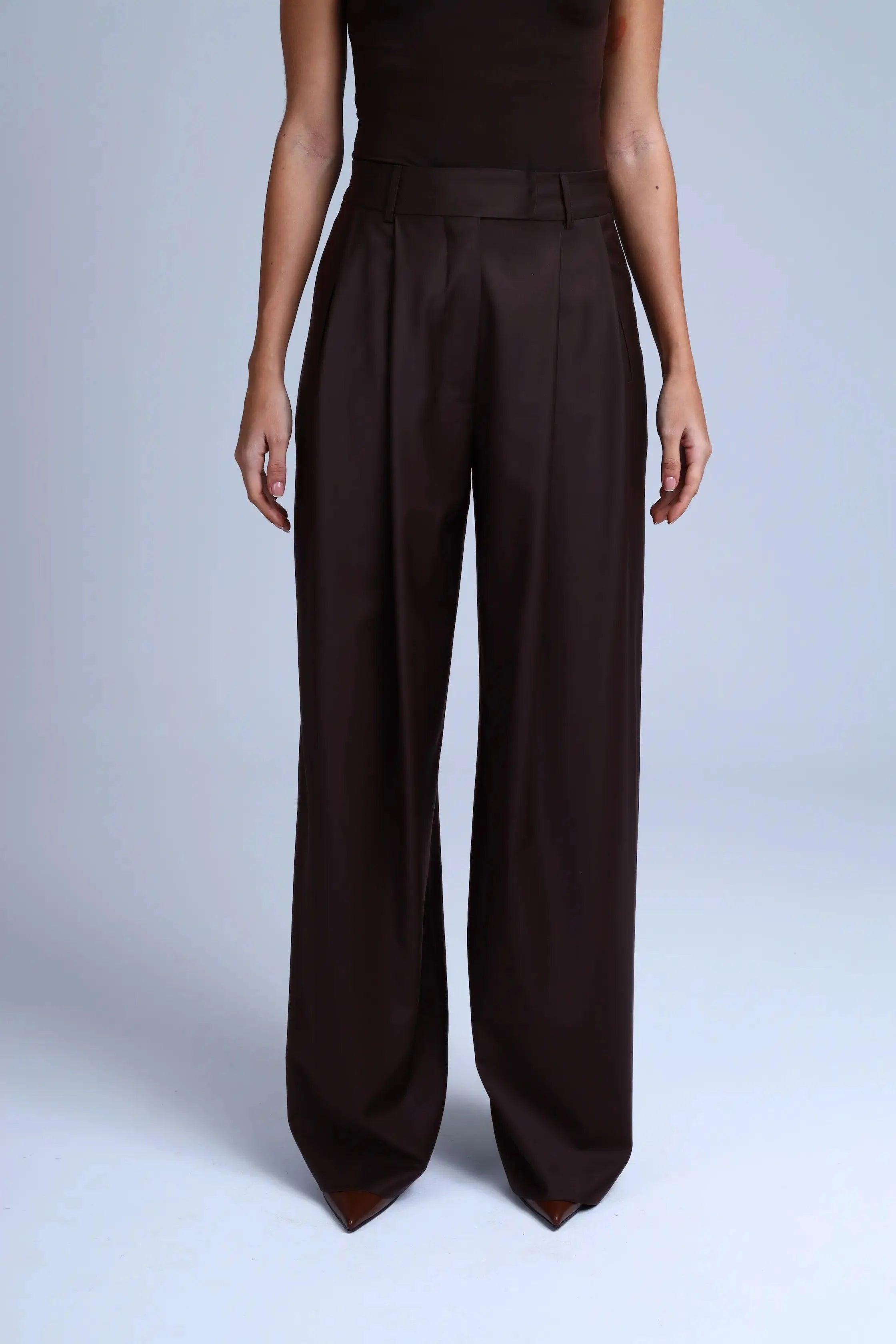 Broadway Monica Wid-Leg Virgin Wool Pants in Dark Coffee