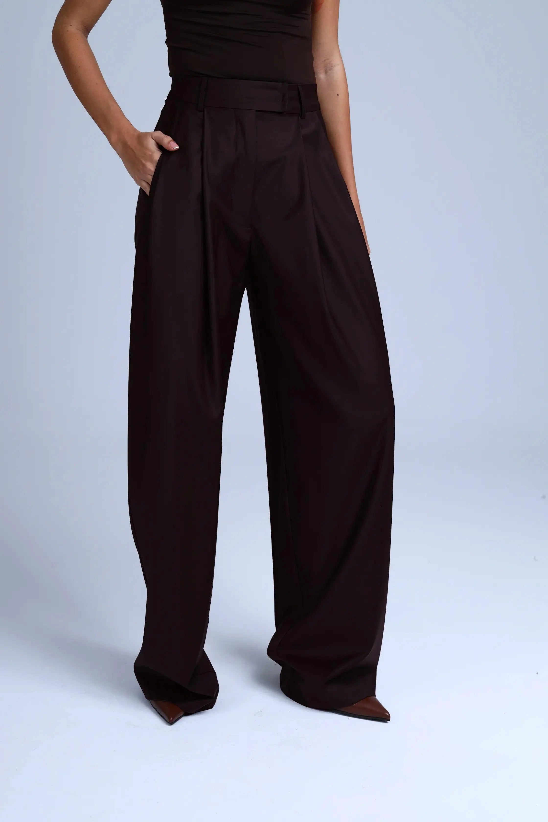 Broadway Monica Wid-Leg Virgin Wool Pants in Dark Coffee