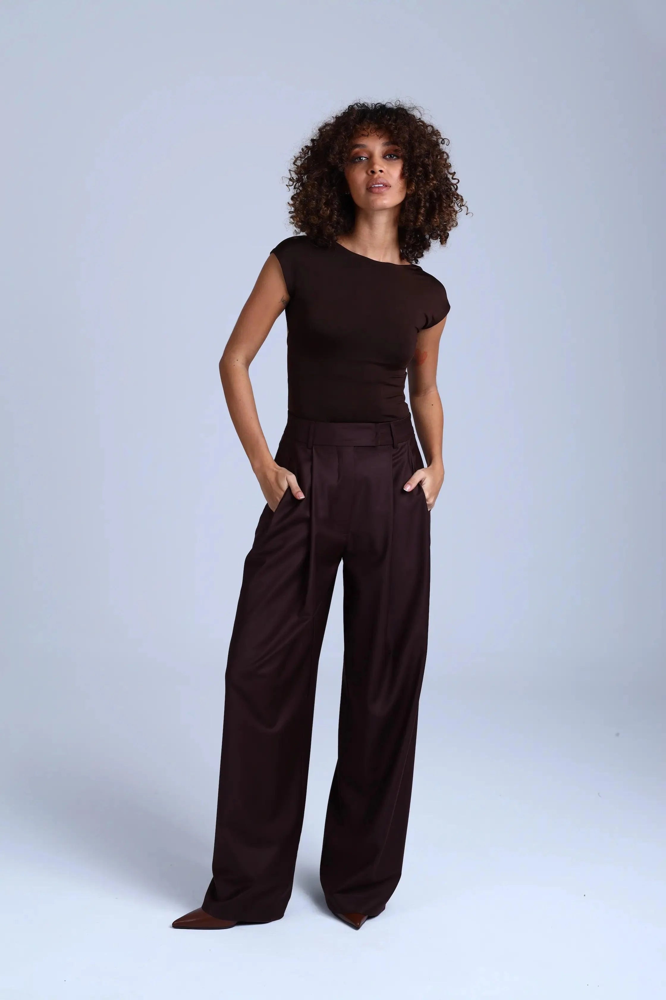 Broadway Monica Wid-Leg Virgin Wool Pants in Dark Coffee