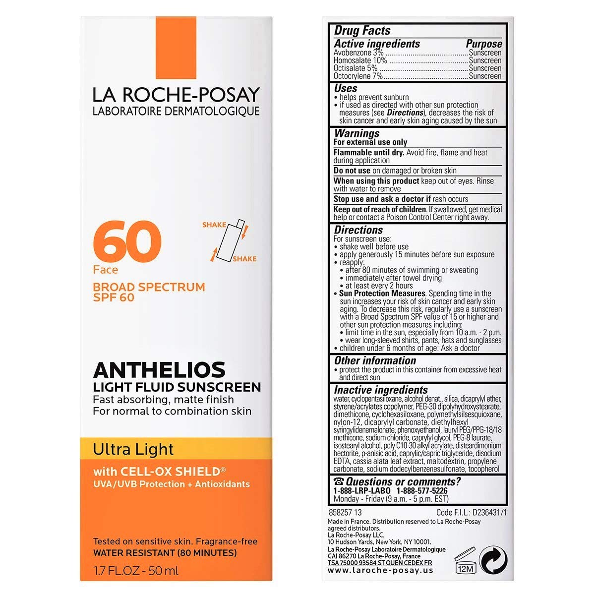La Roche-Posay Anthelios Light Fluid Facial Sunscreen SPF 60, Lightweight Sunscreen For Face, Fluid Texture, Broad Spectrum SPF + Antioxidants, Oil Free & Oxybenzone Free, Travel Size 1.7 Fl. Oz.